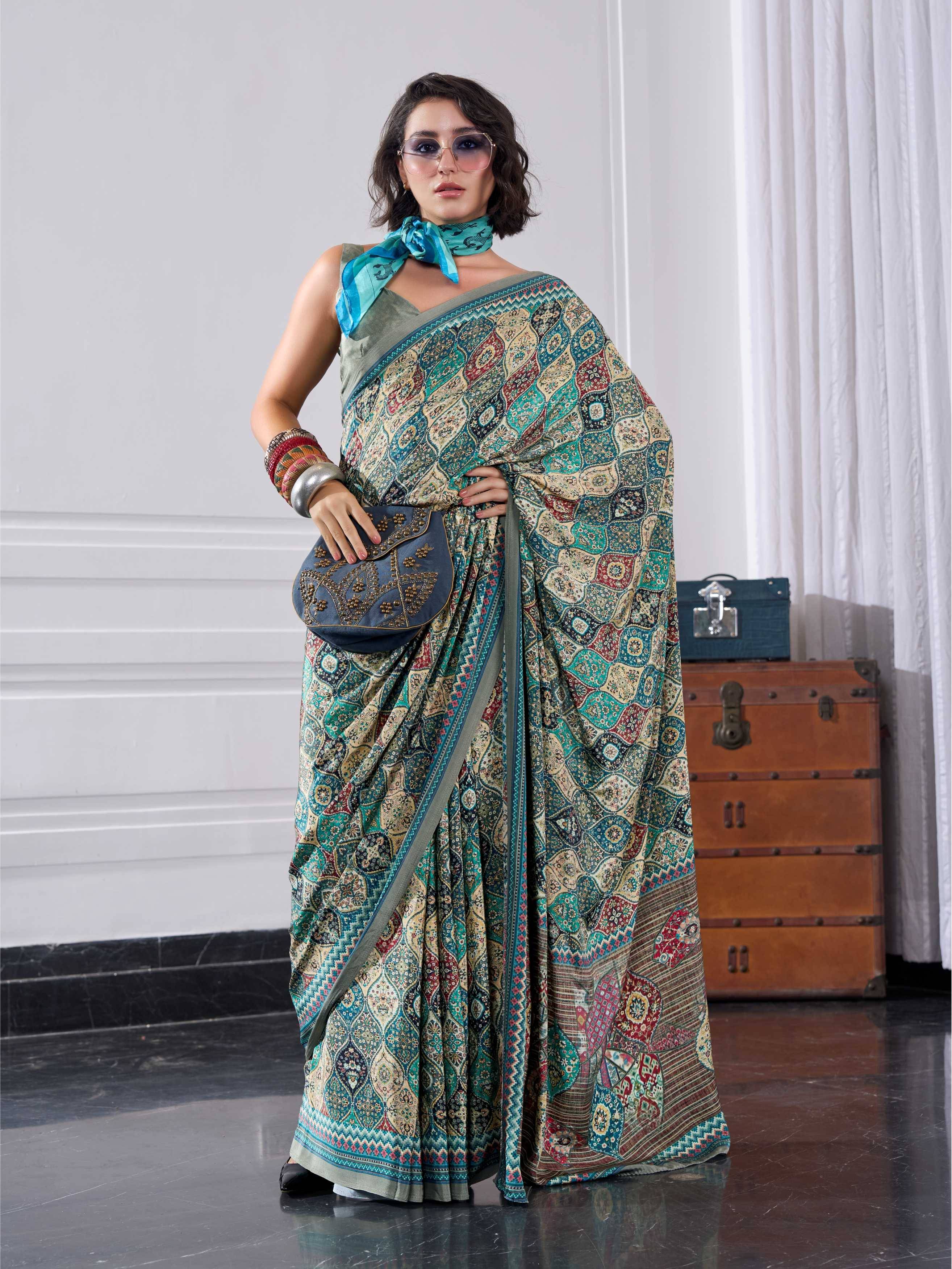 Teal Green Ethnic Motif Crepe Silk Saree