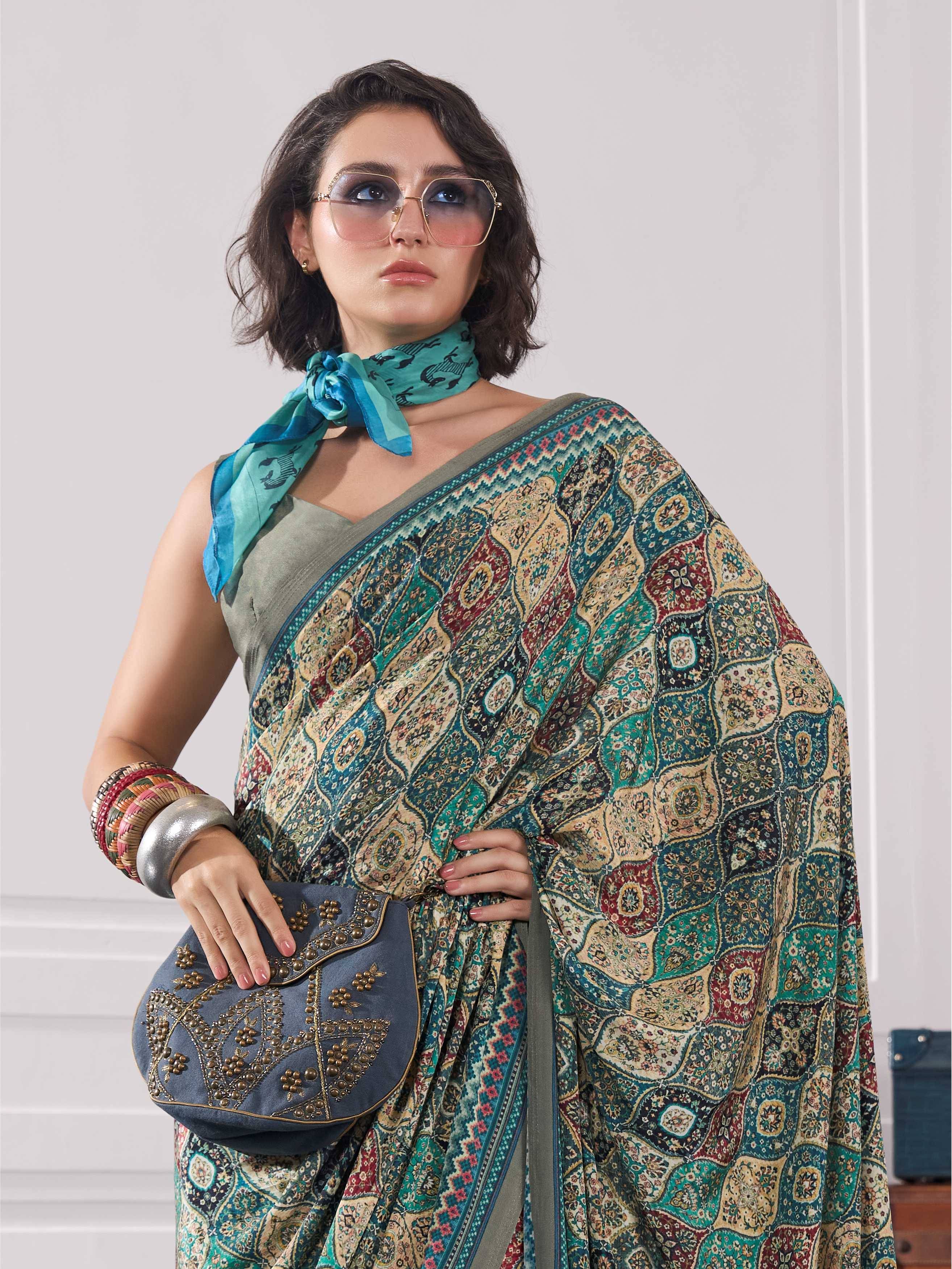 Teal Green Ethnic Motif Crepe Silk Saree