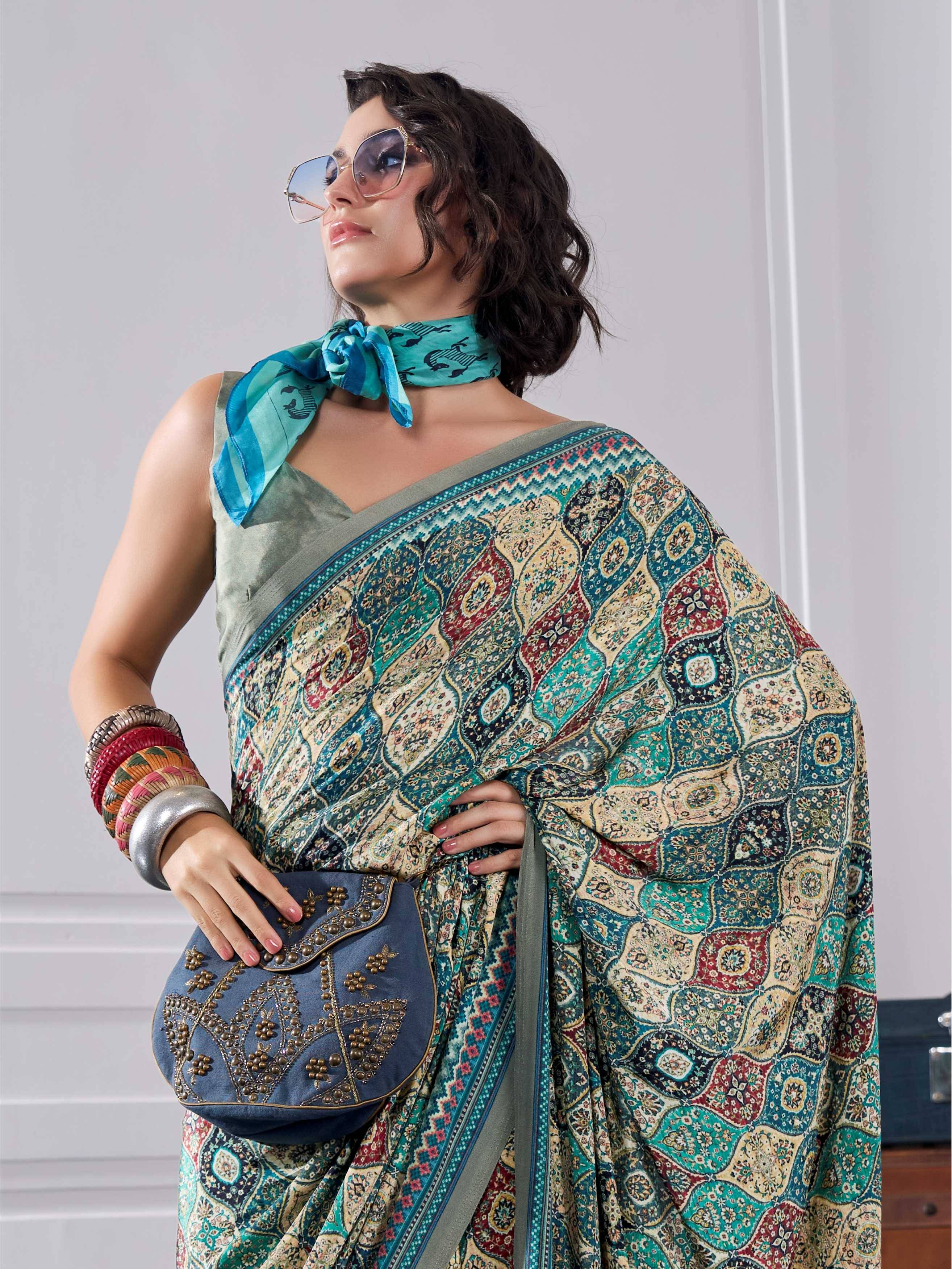 Teal Green Ethnic Motif Crepe Silk Saree