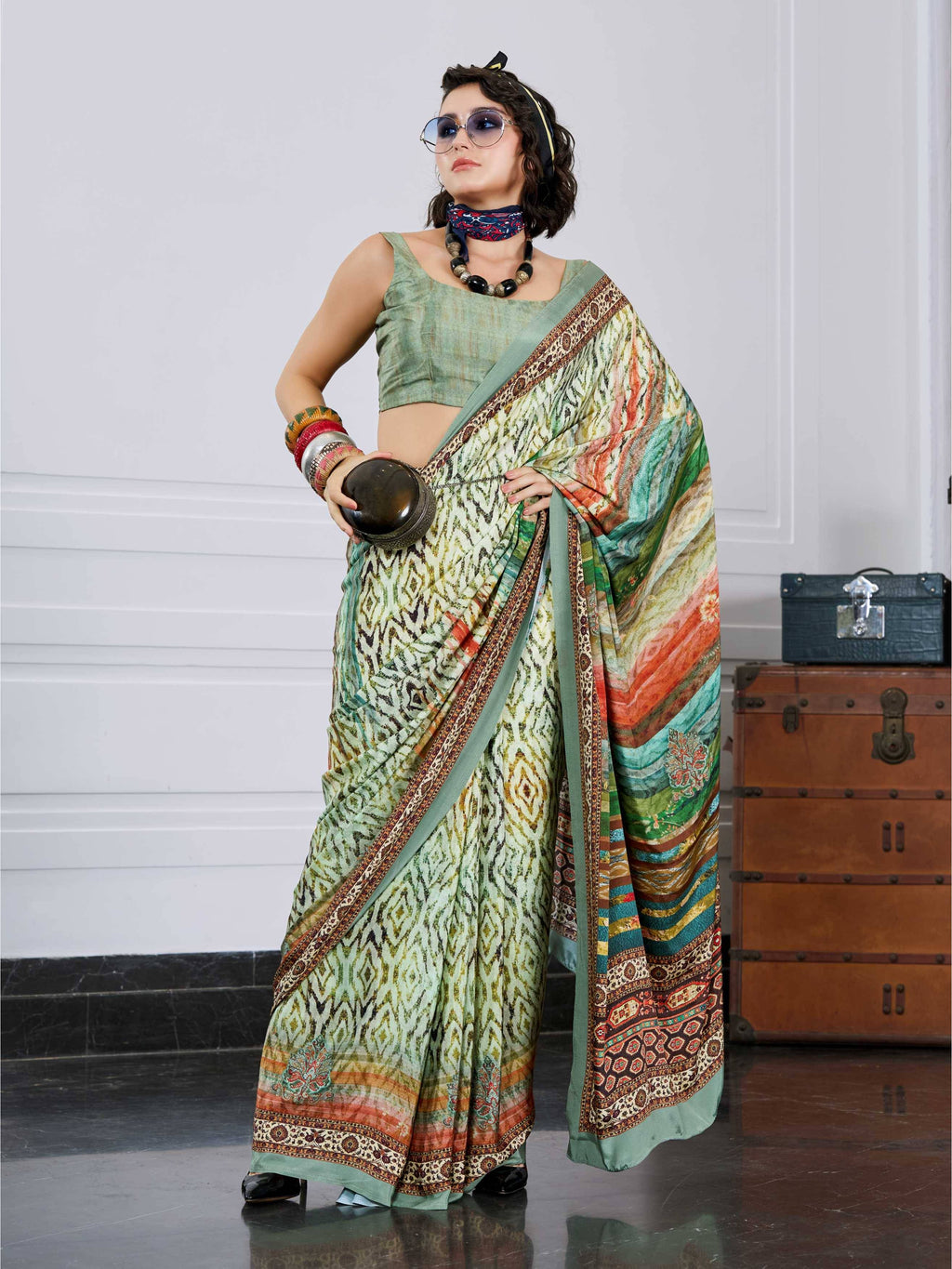 Olive Green Artistic Motif Crepe Silk Saree