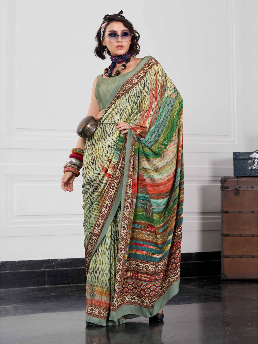 Olive Green Artistic Motif Crepe Silk Saree