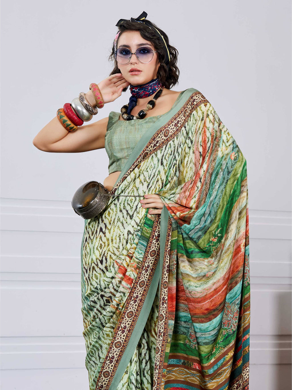 Olive Green Artistic Motif Crepe Silk Saree