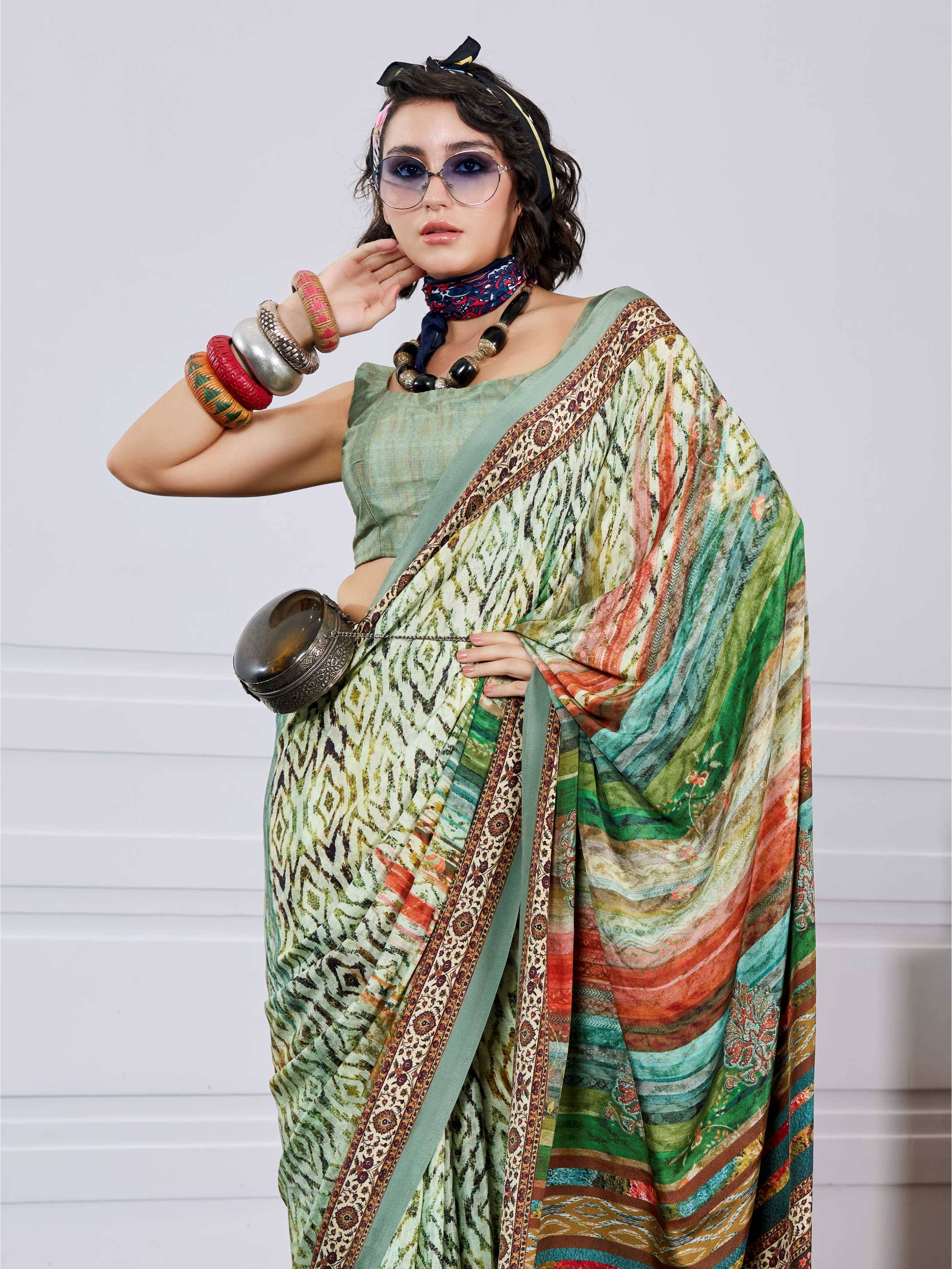 Olive Green Artistic Motif Crepe Silk Saree