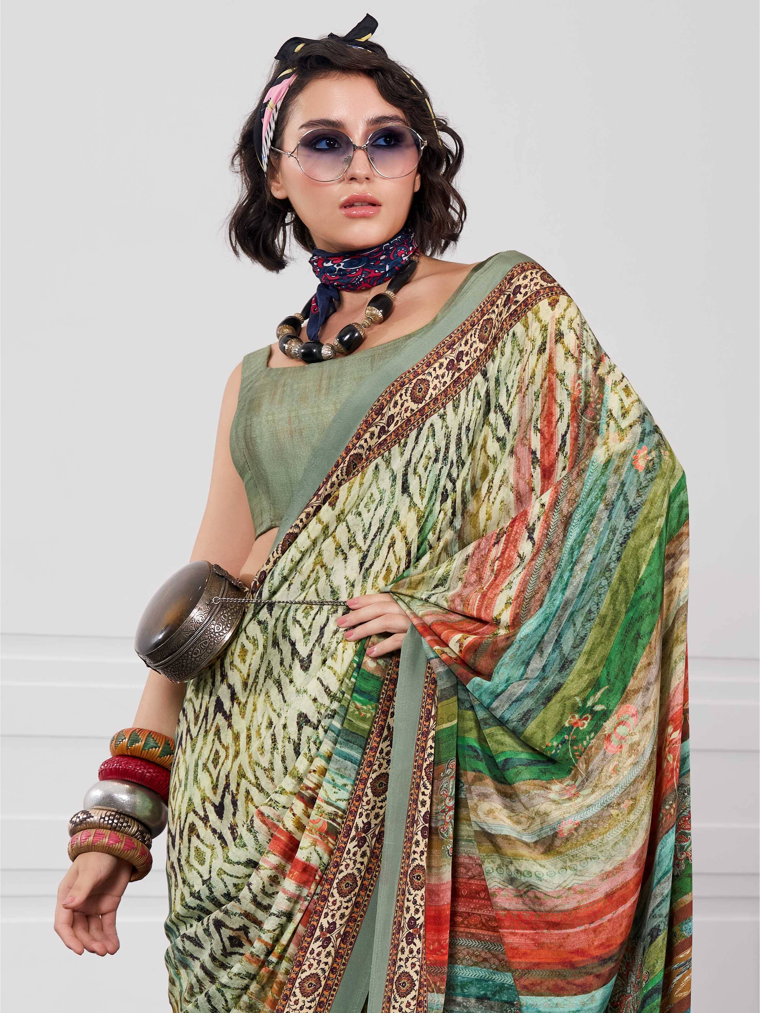 Olive Green Artistic Motif Crepe Silk Saree