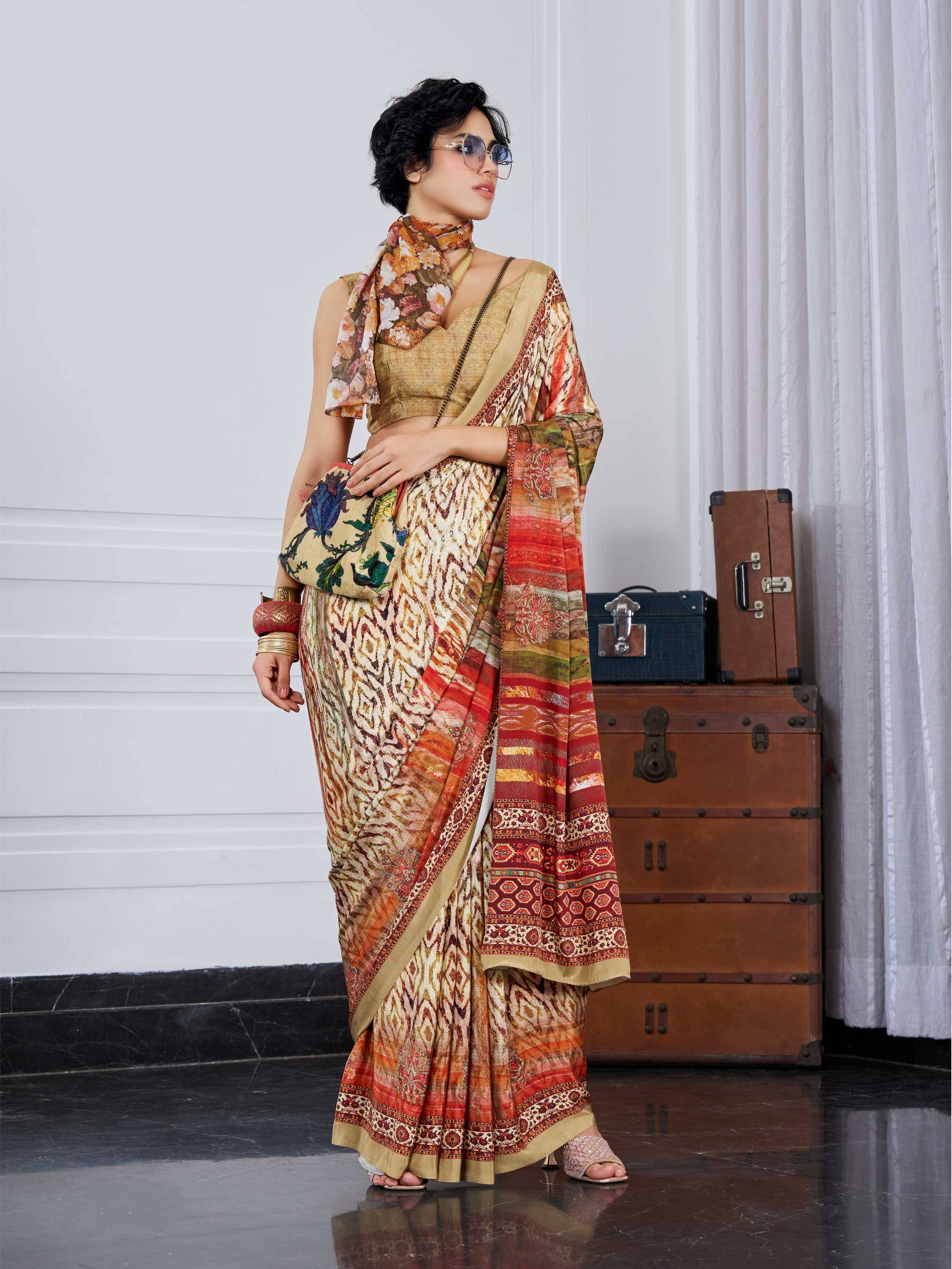 Mustard Gold Artistic Motif Crepe Silk Saree