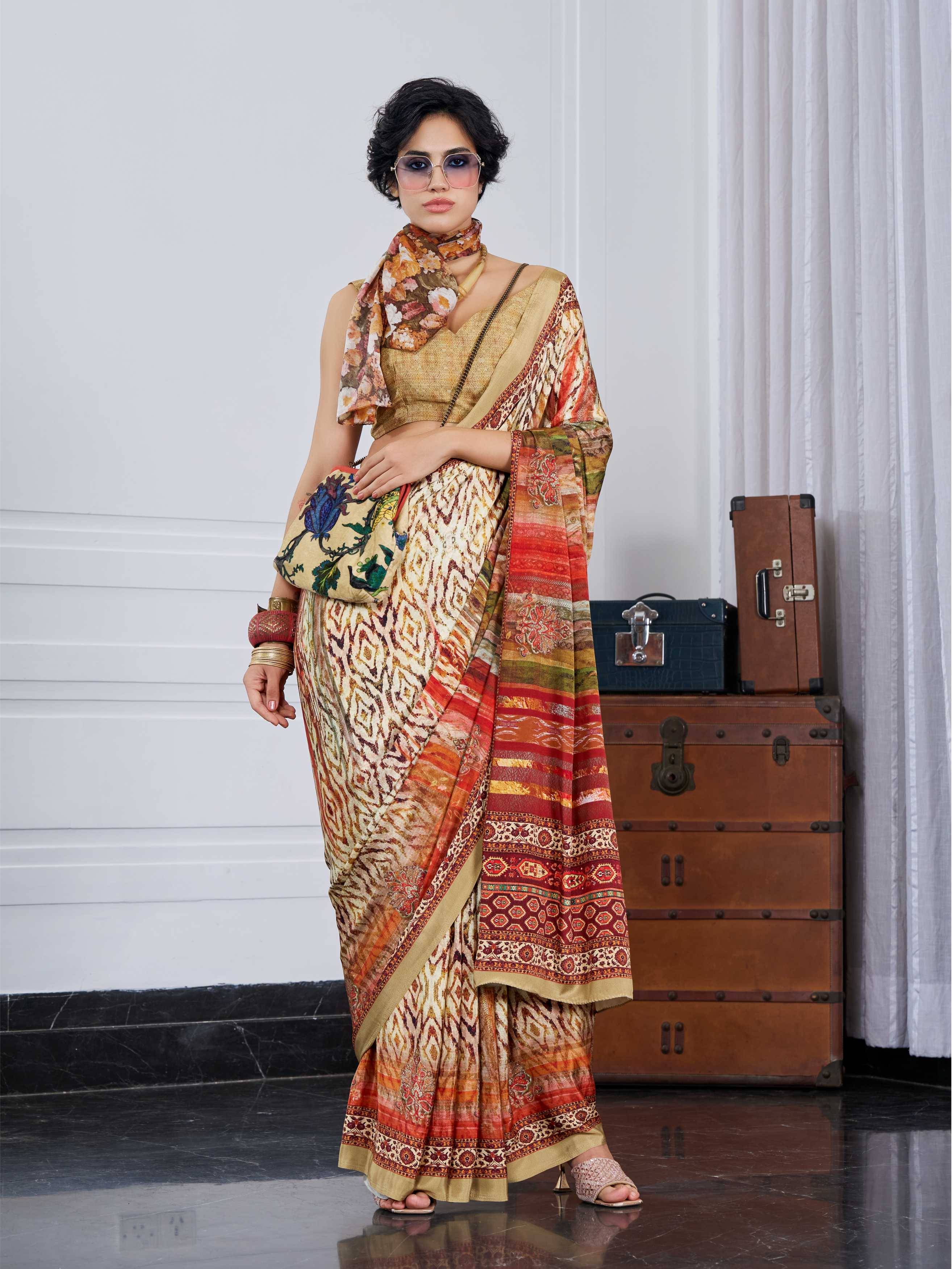 Mustard Gold Artistic Motif Crepe Silk Saree