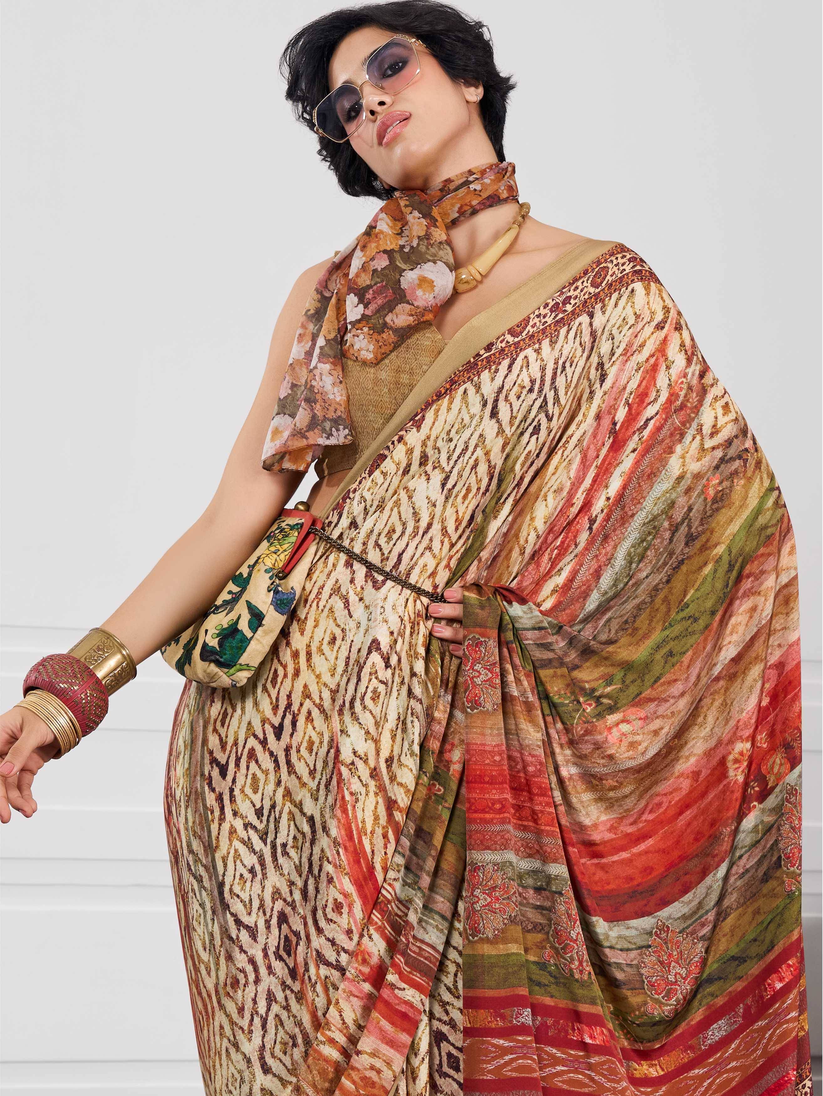 Mustard Gold Artistic Motif Crepe Silk Saree