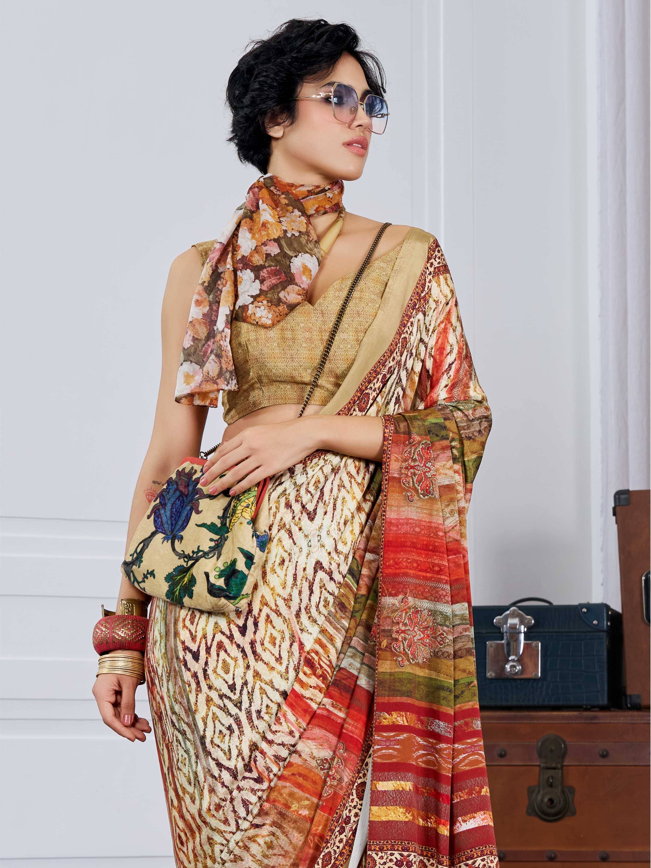 Mustard Gold Artistic Motif Crepe Silk Saree