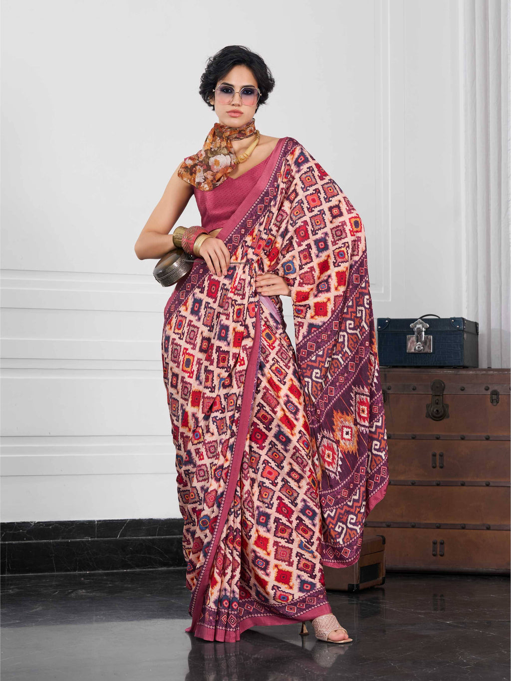 Rose Pink Ethnic Motif Crepe Silk Saree