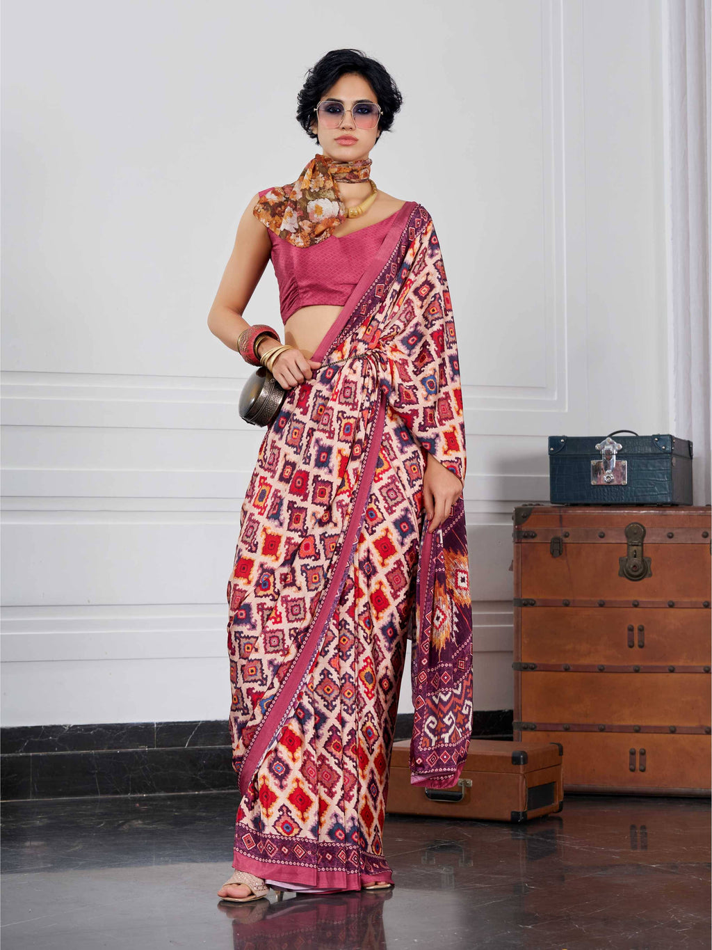 Rose Pink Ethnic Motif Crepe Silk Saree