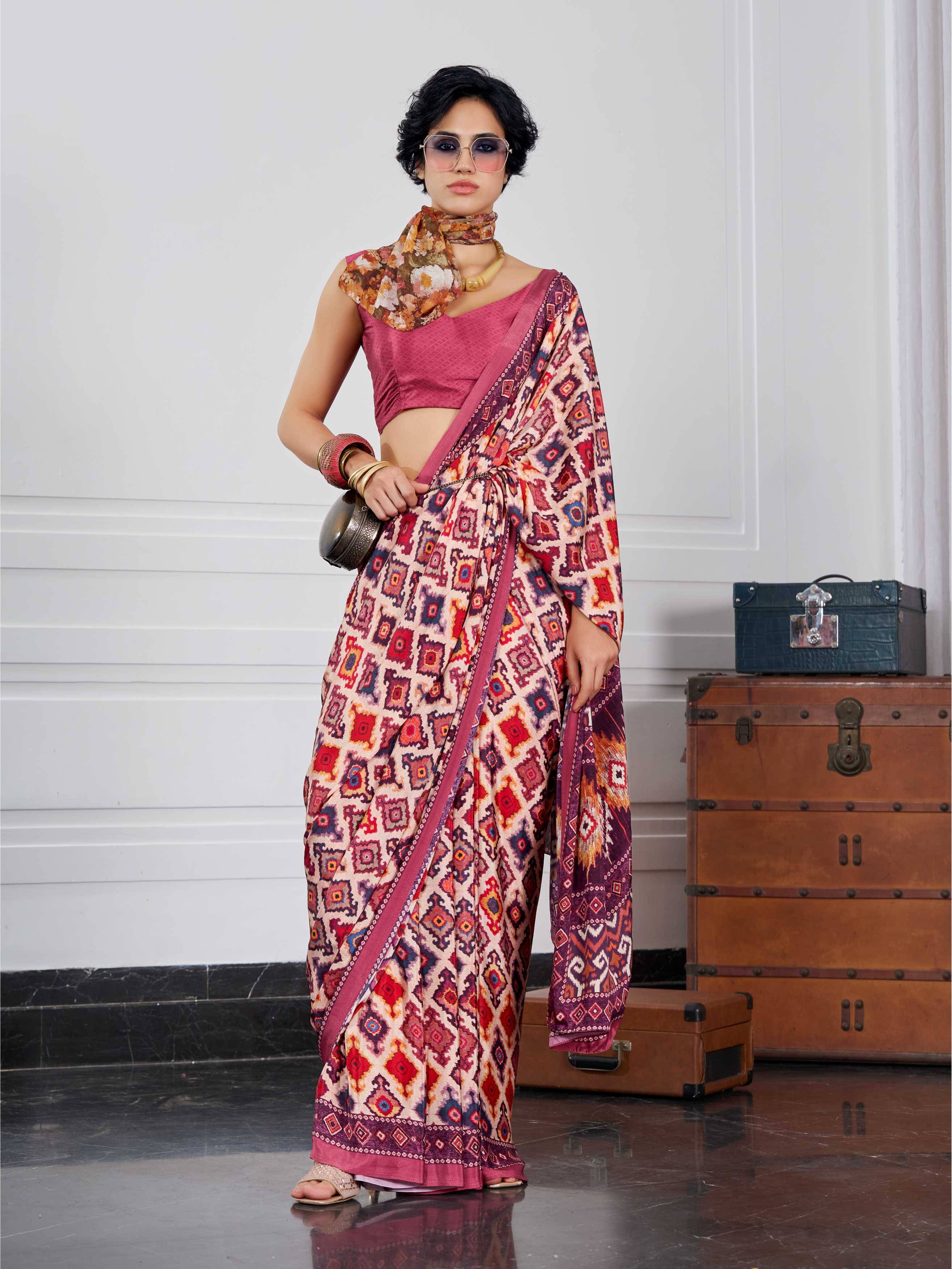 Rose Pink Ethnic Motif Crepe Silk Saree