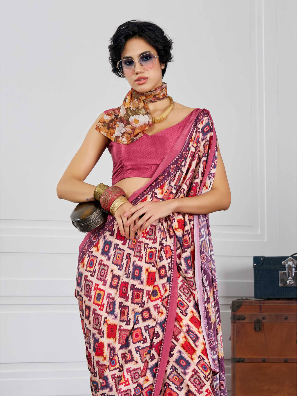 Rose Pink Ethnic Motif Crepe Silk Saree