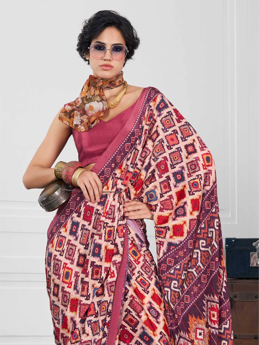 Rose Pink Ethnic Motif Crepe Silk Saree