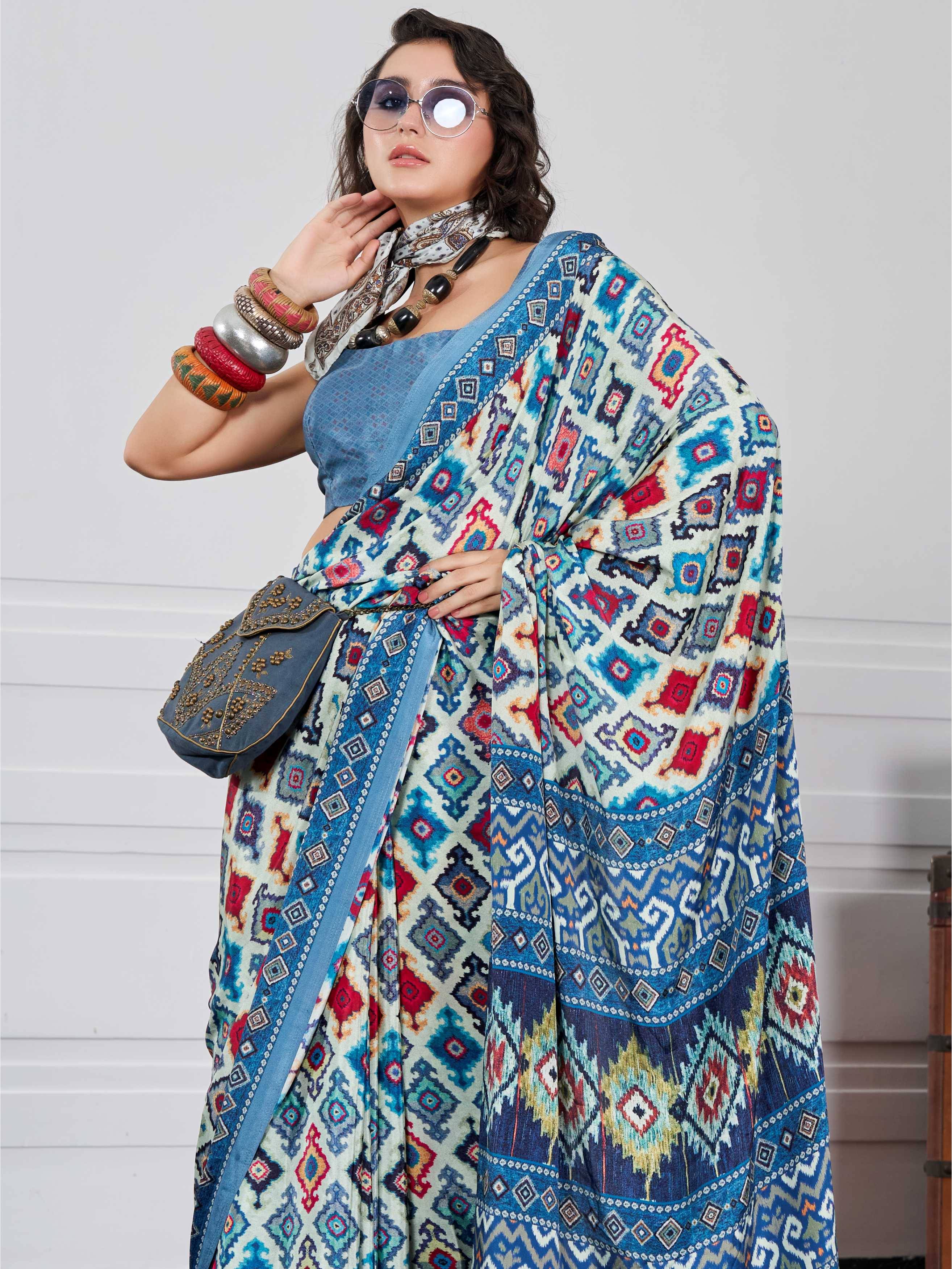 Peacock Blue Ethnic Motif Crepe Silk Saree