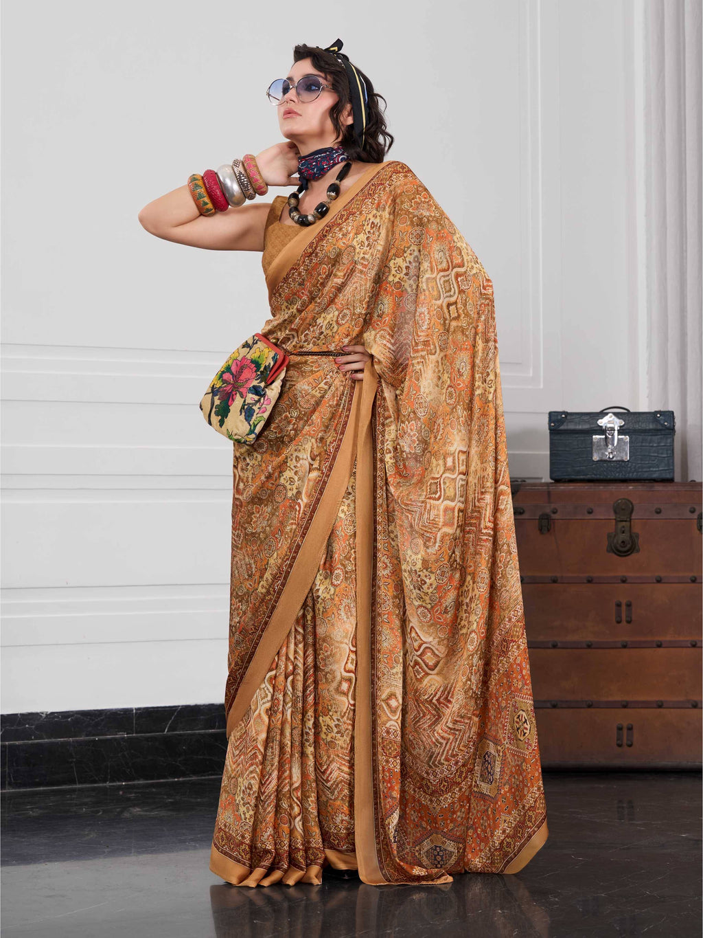 Antique Gold Artistic Motif Crepe Silk Saree