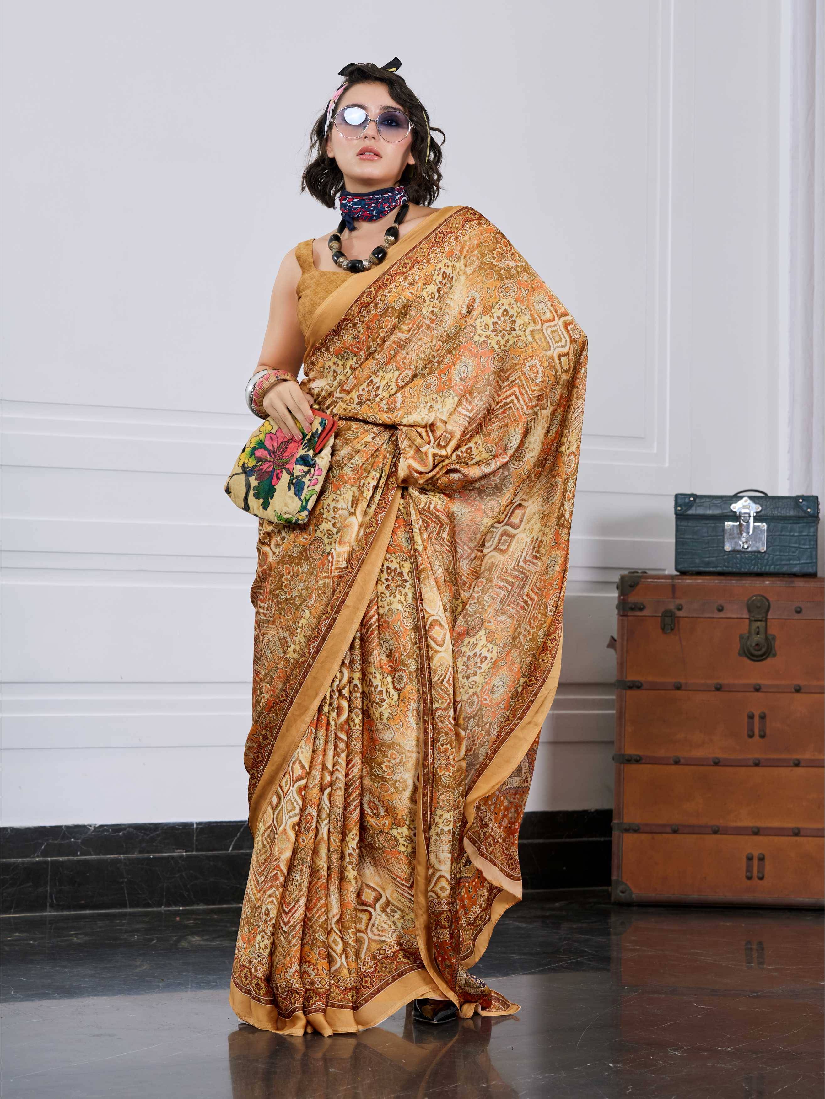 Crepe Artistic Motif Antique Gold Saree