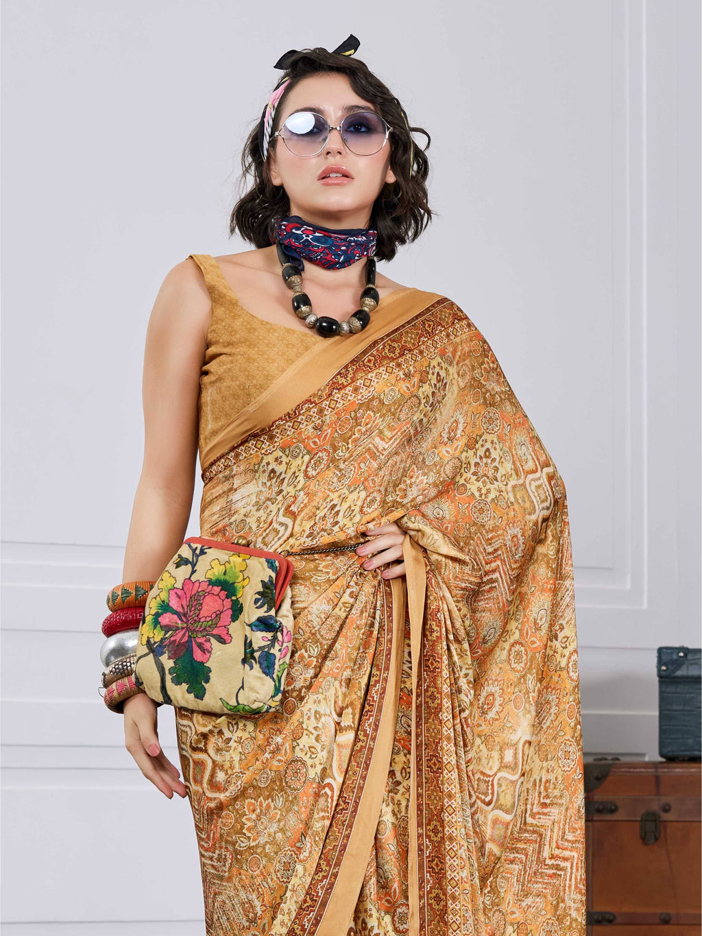 Antique Gold Artistic Motif Crepe Silk Saree