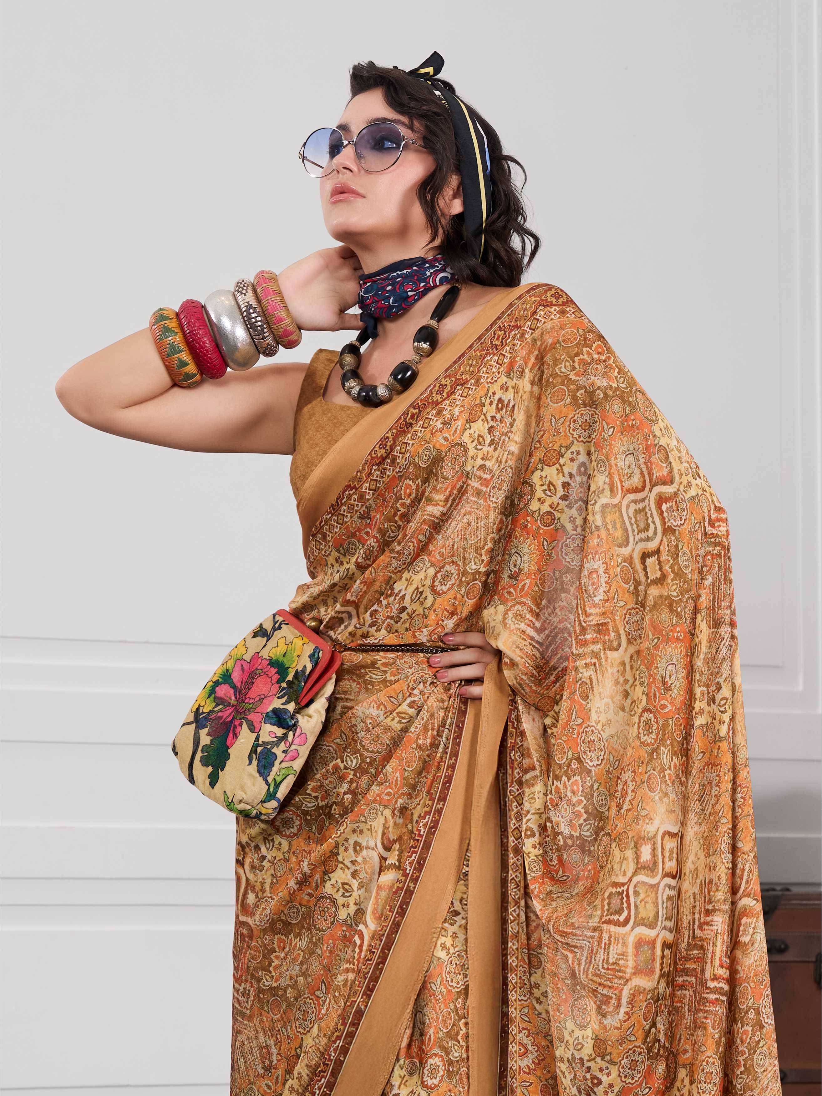 Crepe Artistic Motif Antique Gold Saree