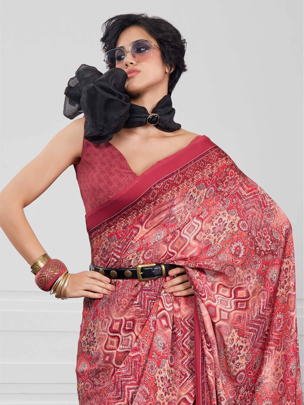 Rose Pink Artistic Motif Crepe Silk Saree