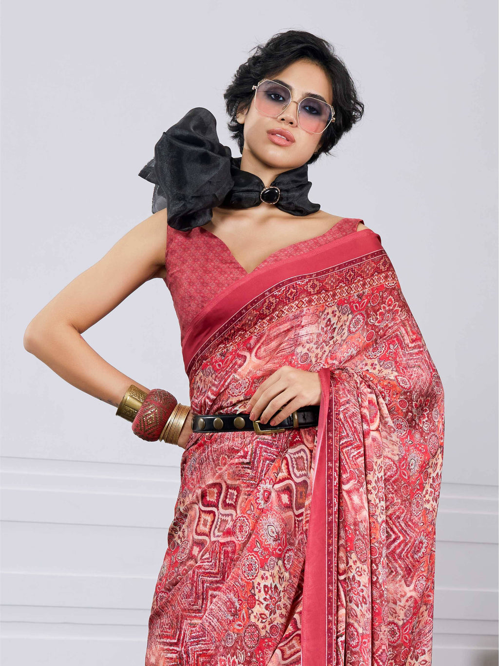 Rose Pink Artistic Motif Crepe Silk Saree