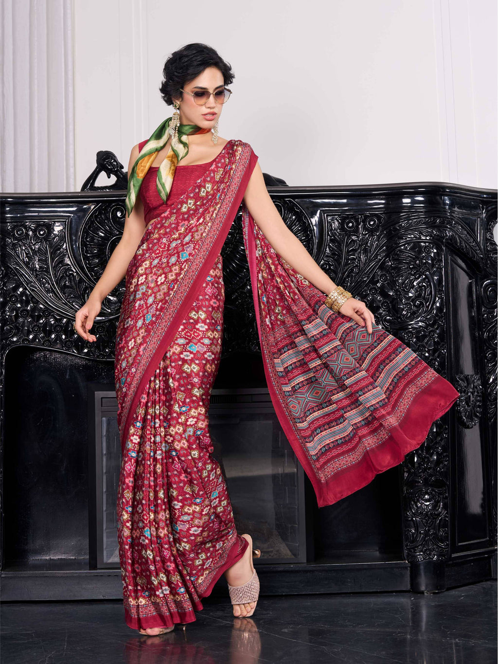 Brick Red Ethnic Motif Crepe Silk Saree