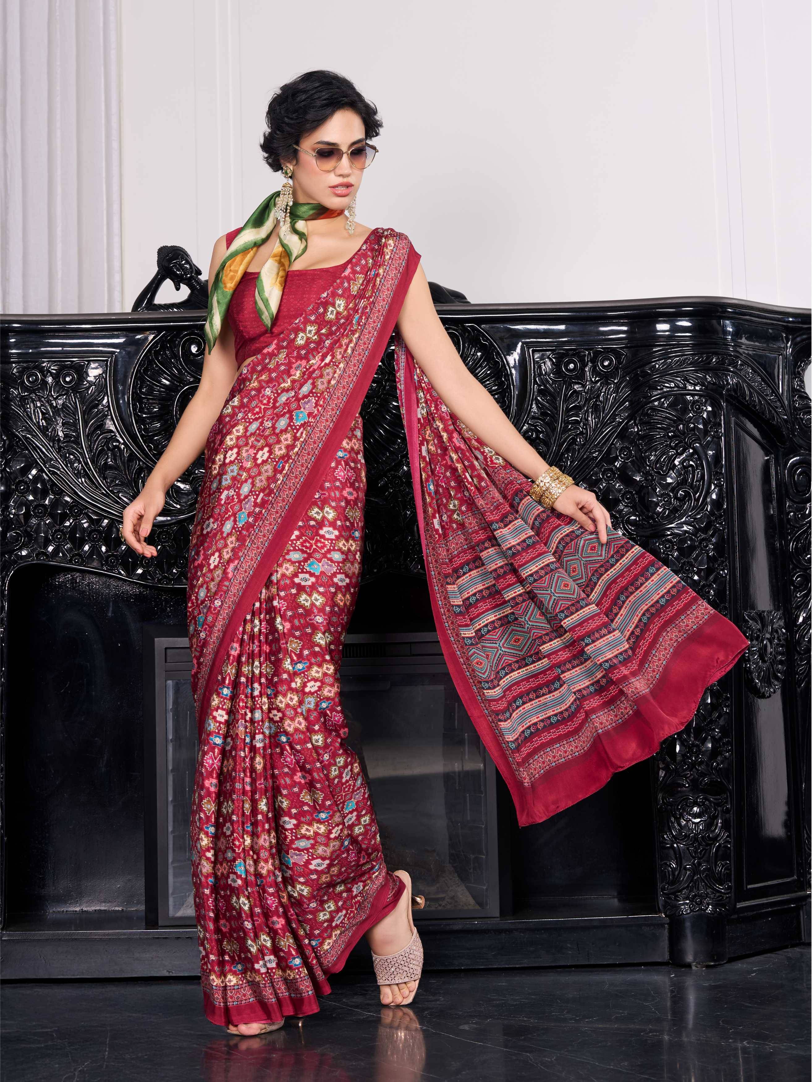 Brick Red Ethnic Motif Crepe Silk Saree