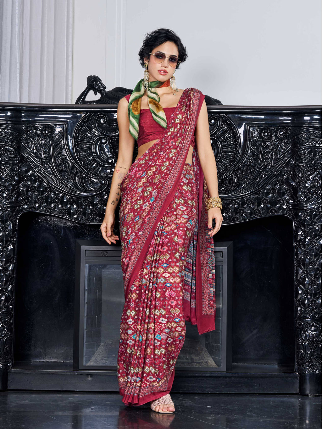 Brick Red Ethnic Motif Crepe Silk Saree