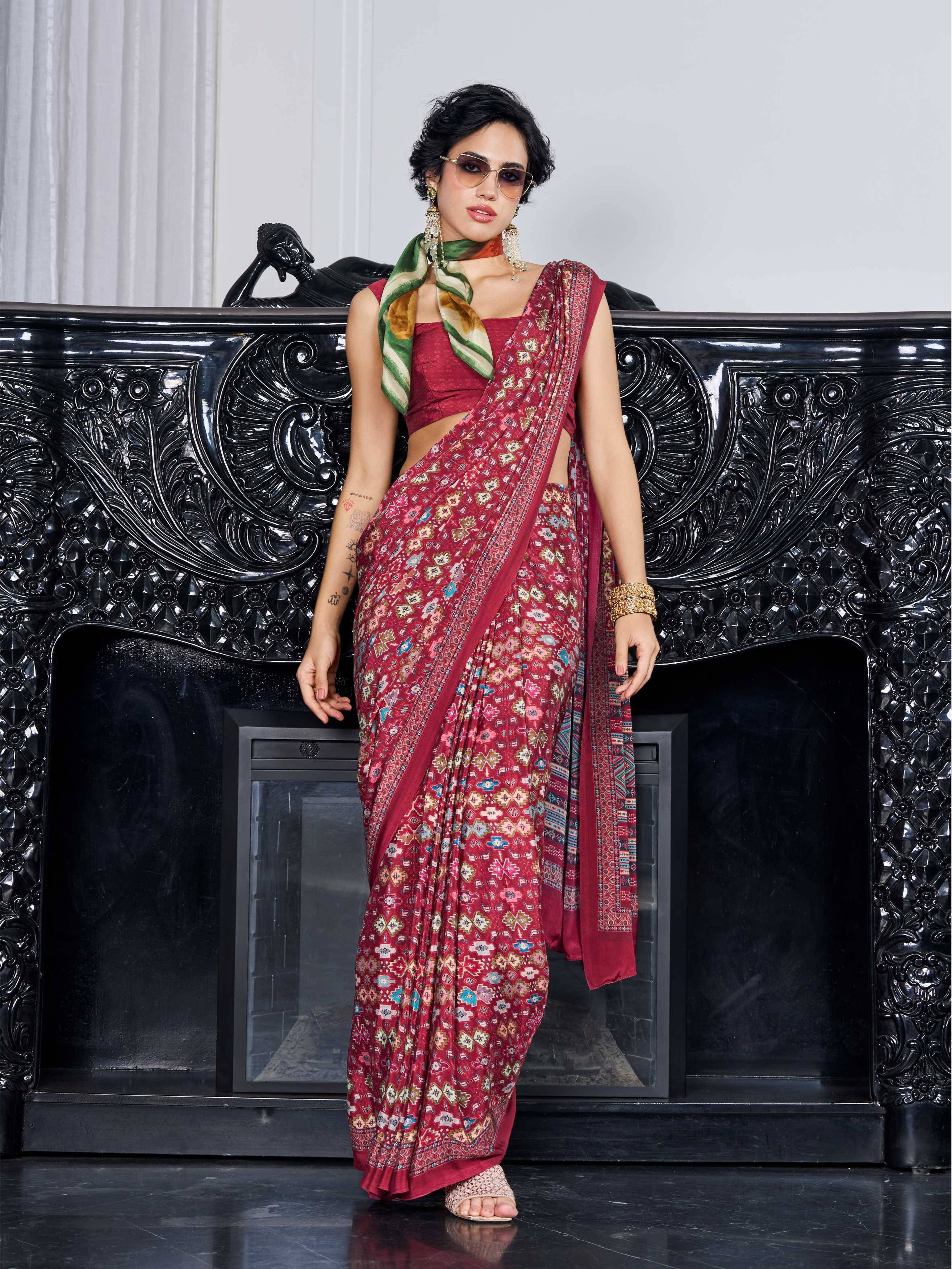 Brick Red Ethnic Motif Crepe Silk Saree