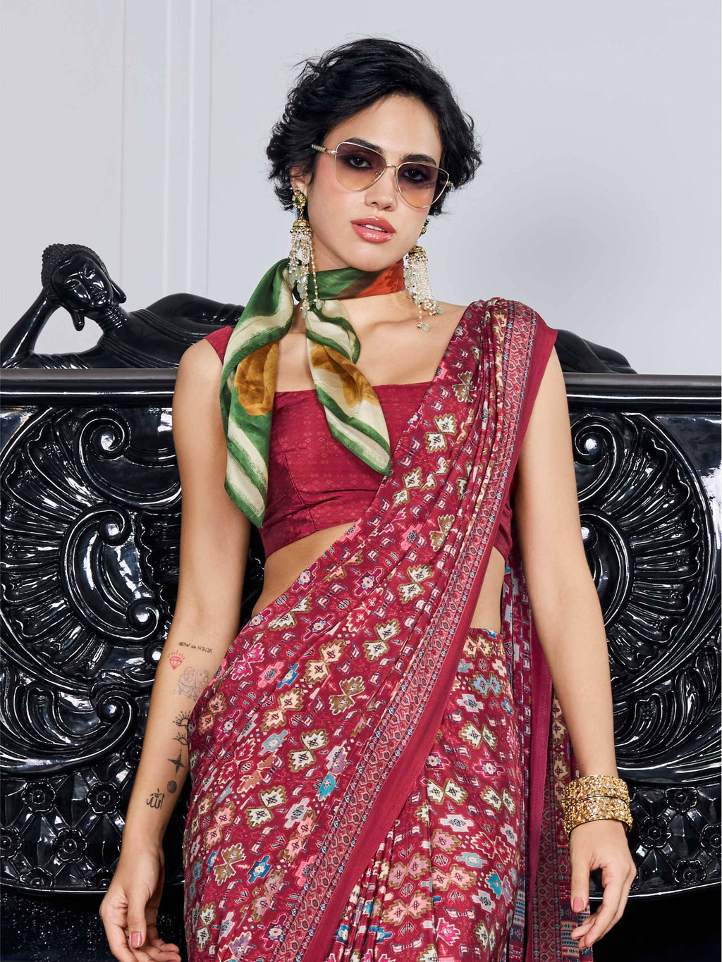 Brick Red Ethnic Motif Crepe Silk Saree