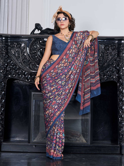 Charcoal Grey Ethnic Motif Crepe Silk Saree