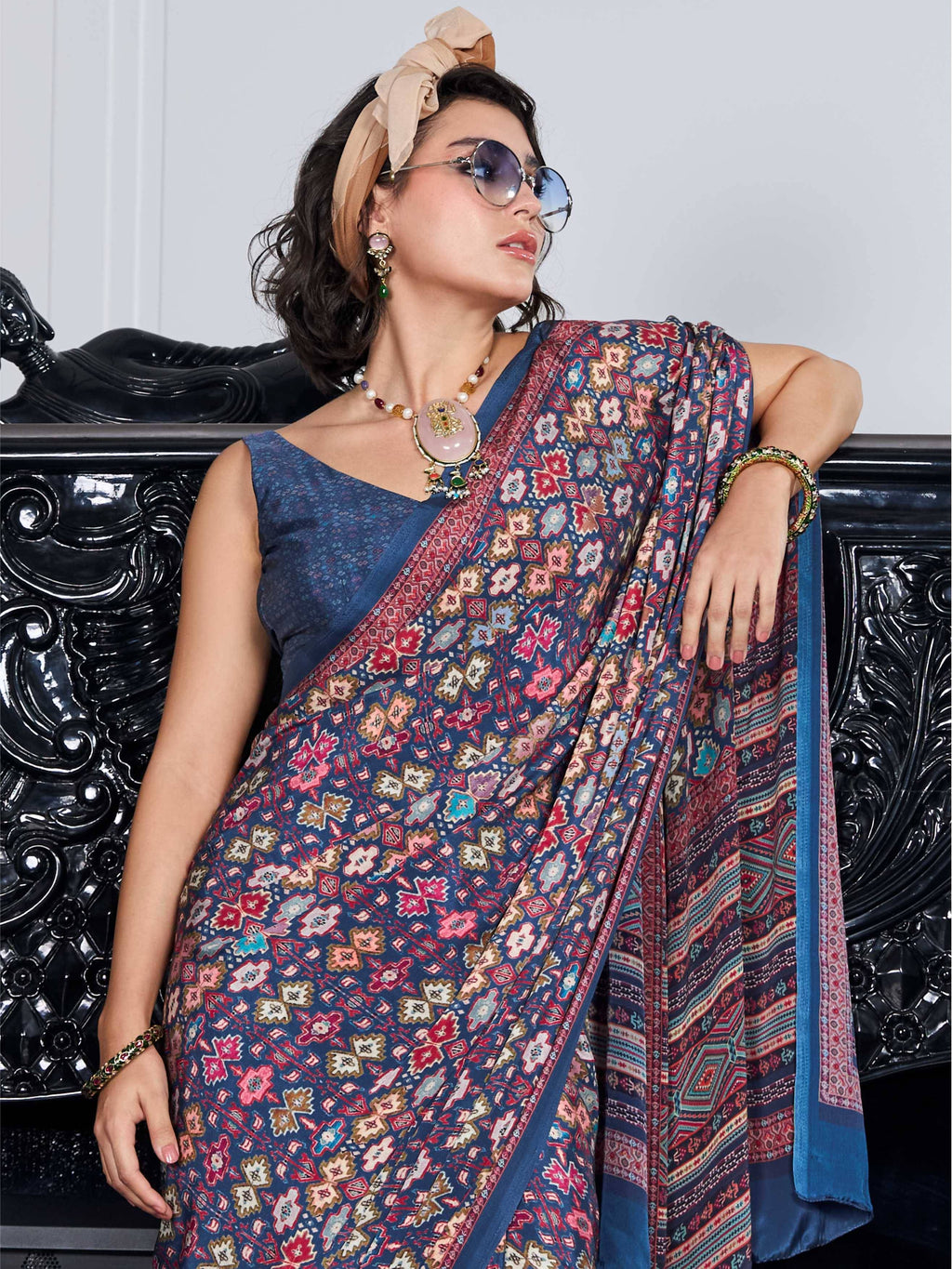 Charcoal Grey Ethnic Motif Crepe Silk Saree
