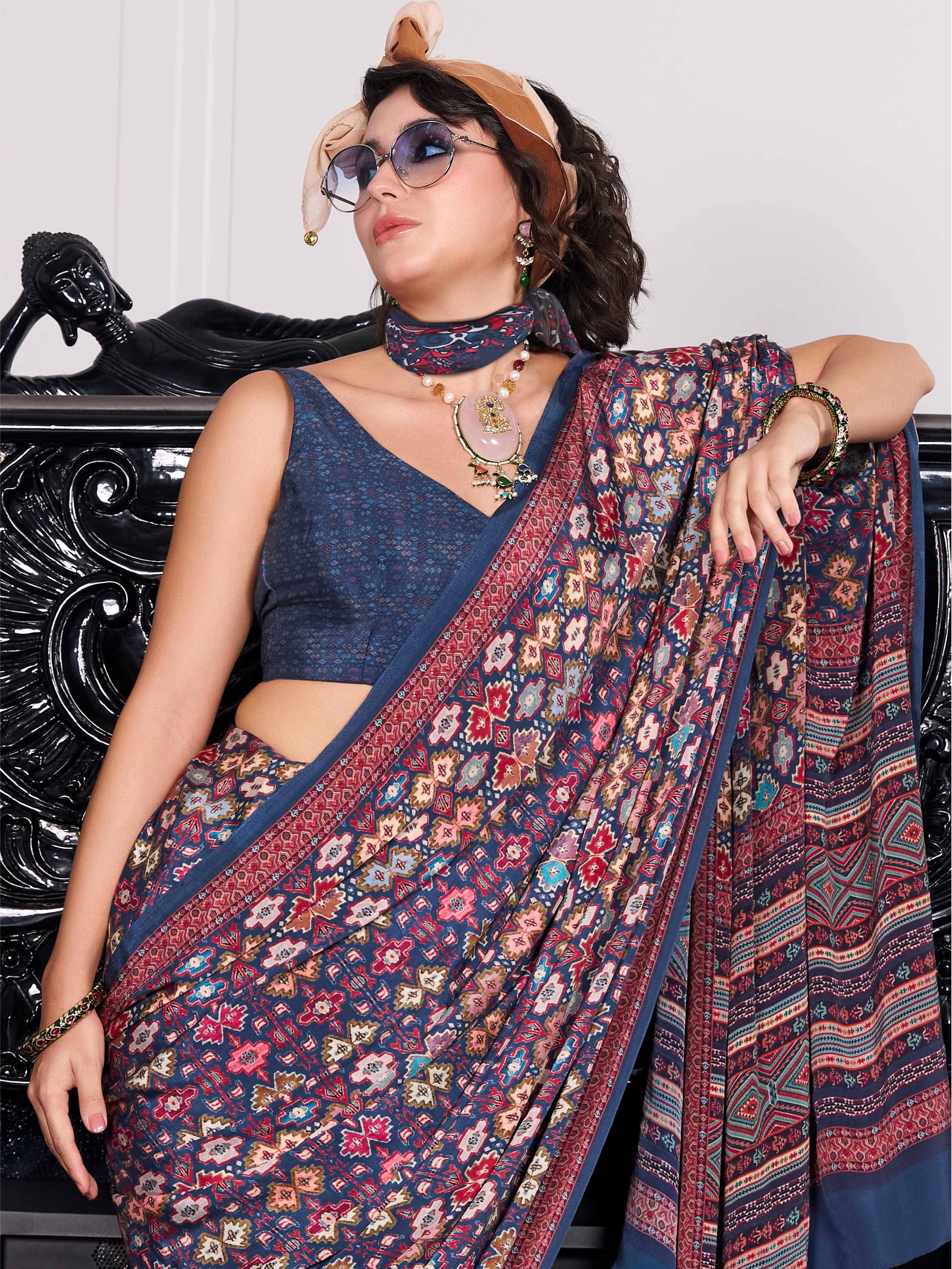 Charcoal Grey Ethnic Motif Crepe Silk Saree