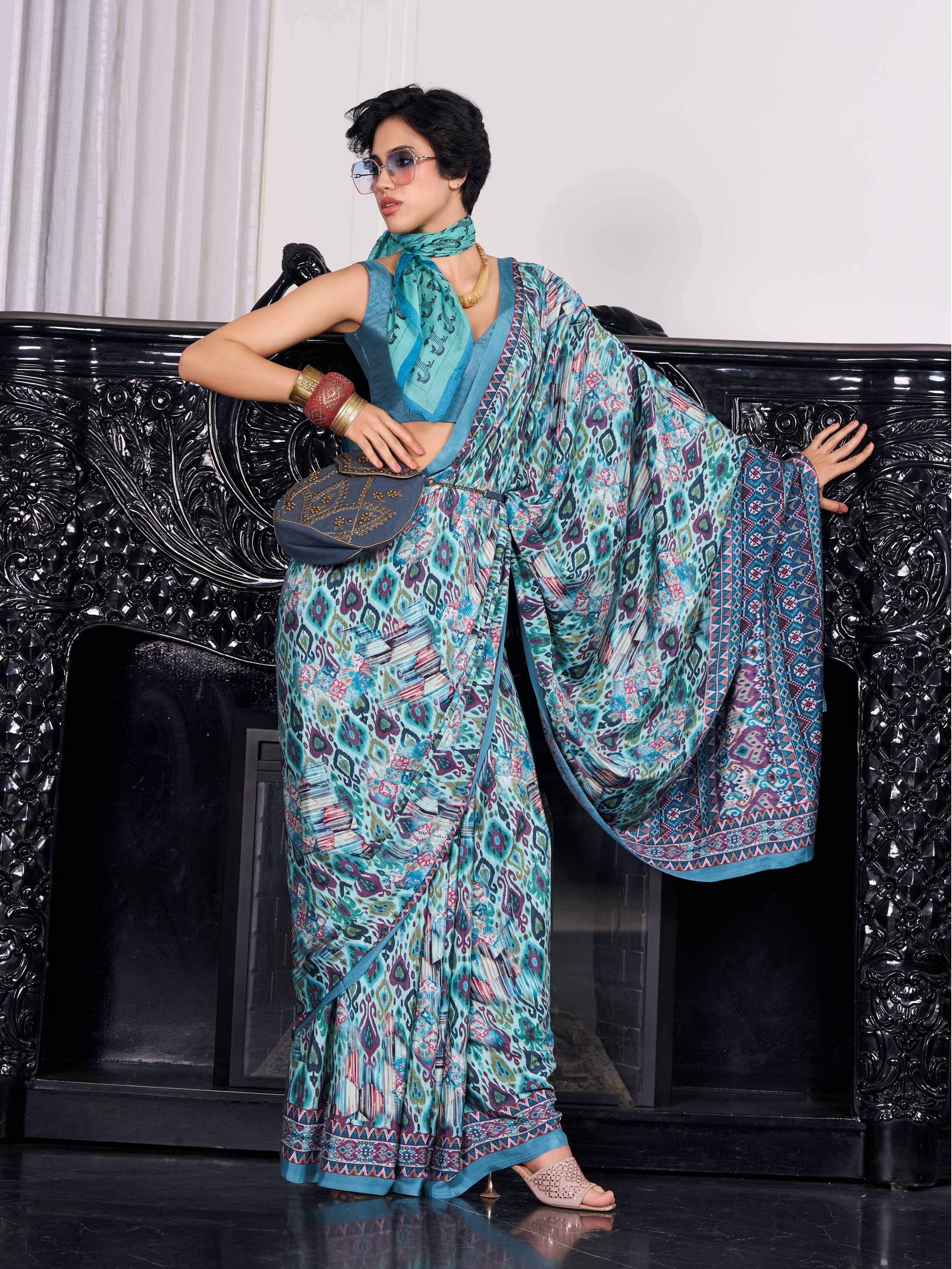 Sea Green Artistic Motif Crepe Silk Saree