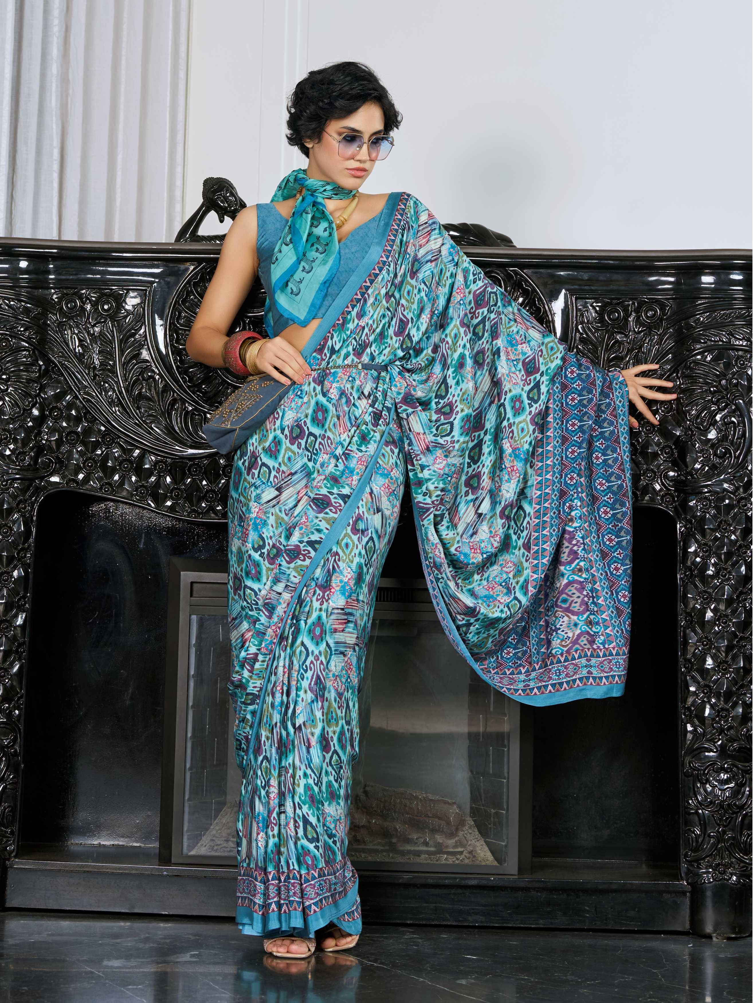 Sea Green Artistic Motif Crepe Silk Saree
