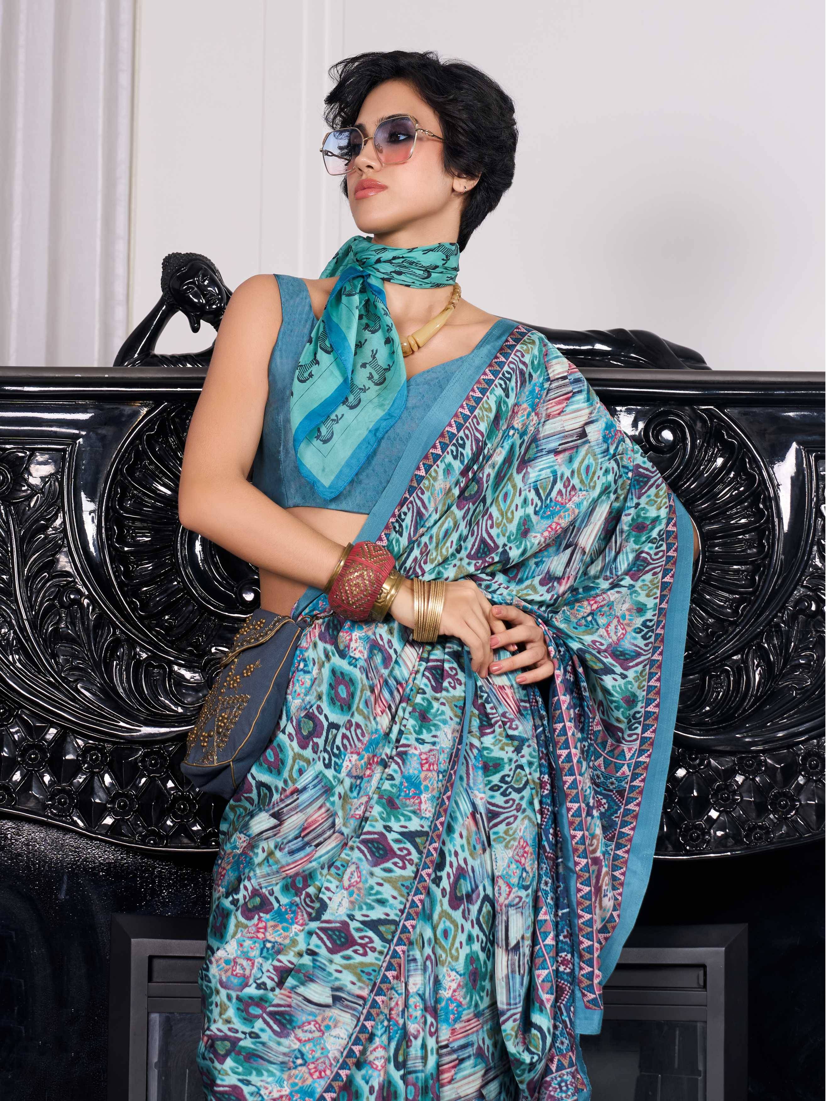 Sea Green Artistic Motif Crepe Silk Saree