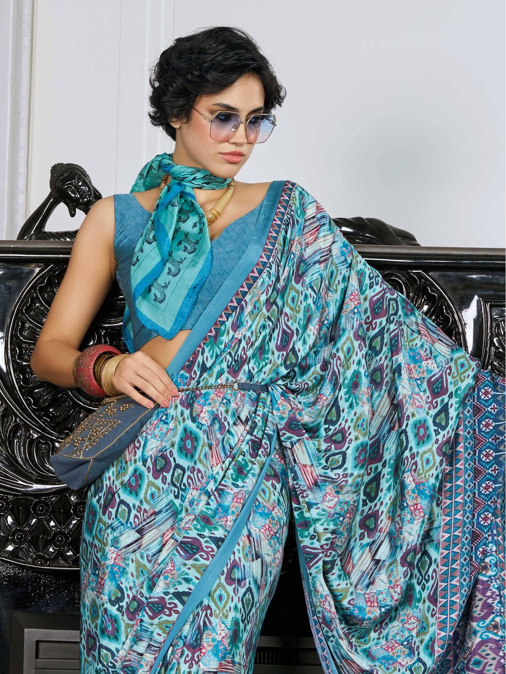 Sea Green Artistic Motif Crepe Silk Saree