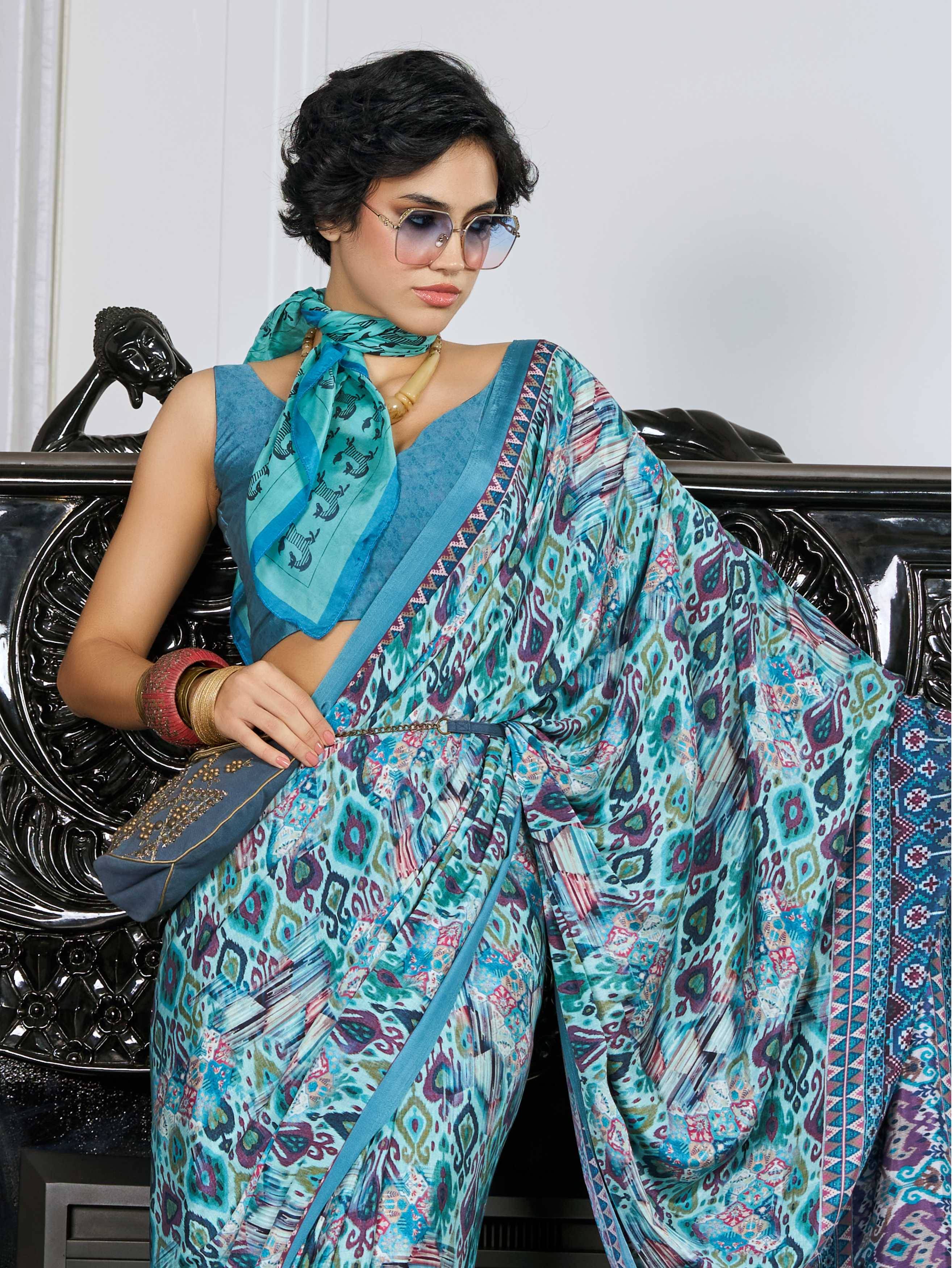 Sea Green Artistic Motif Crepe Silk Saree