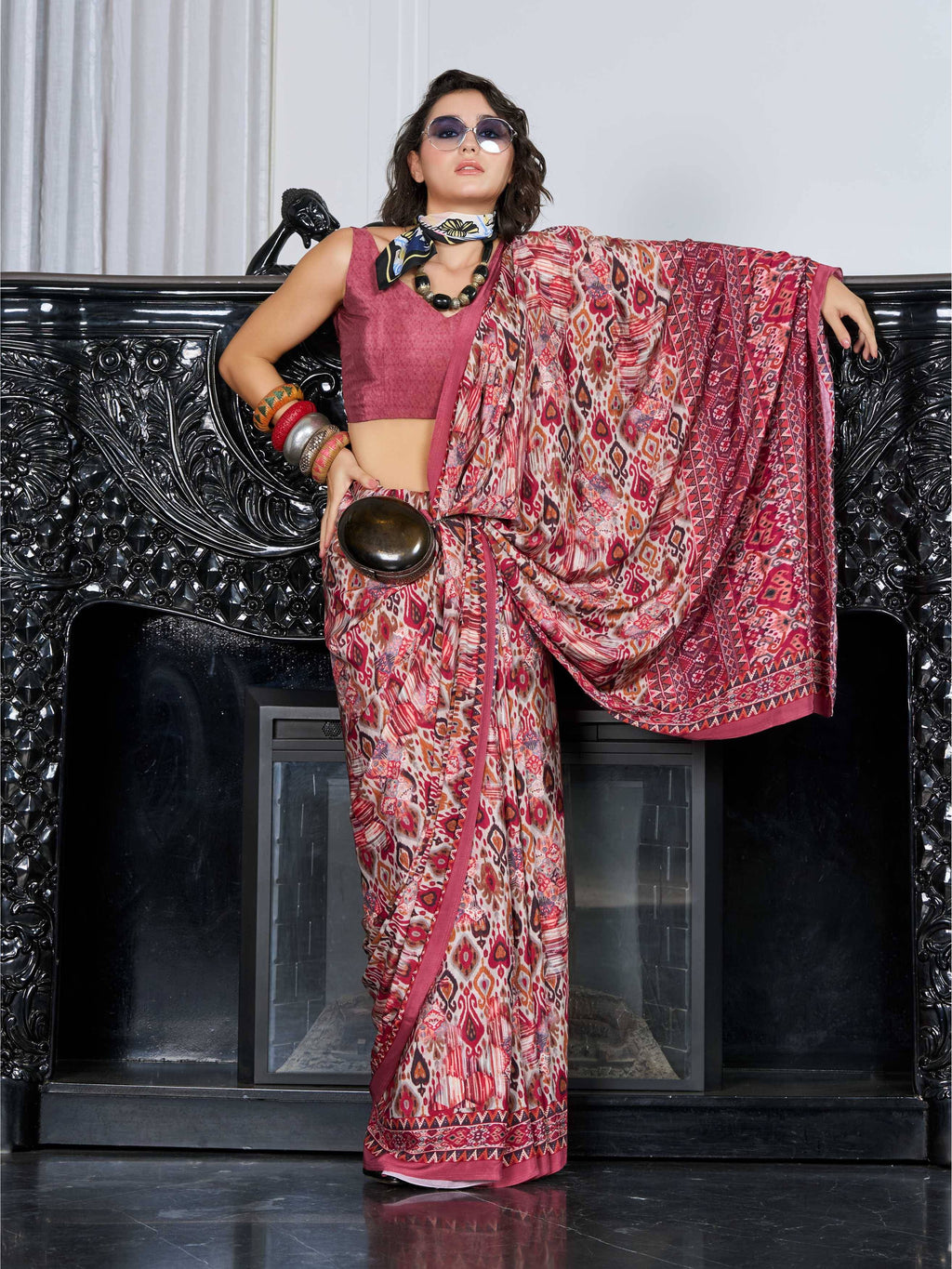 Maroon Red Artistic Motif Crepe Silk Saree