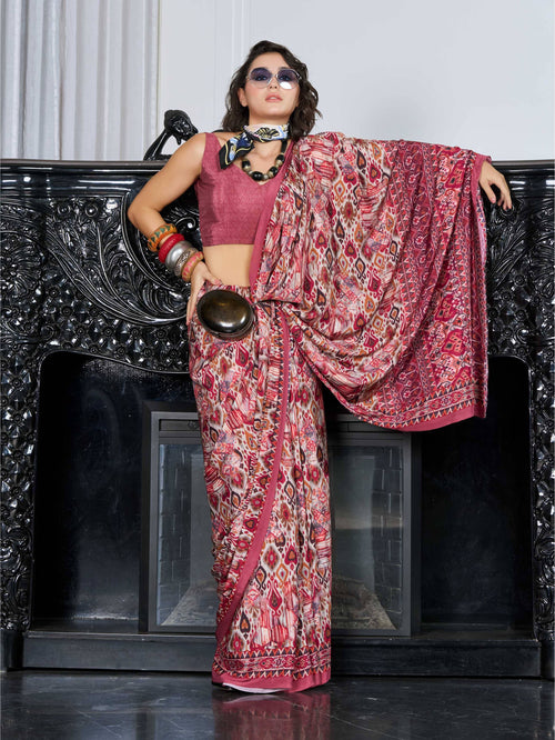 Crepe Artistic Motif Maroon Red Saree