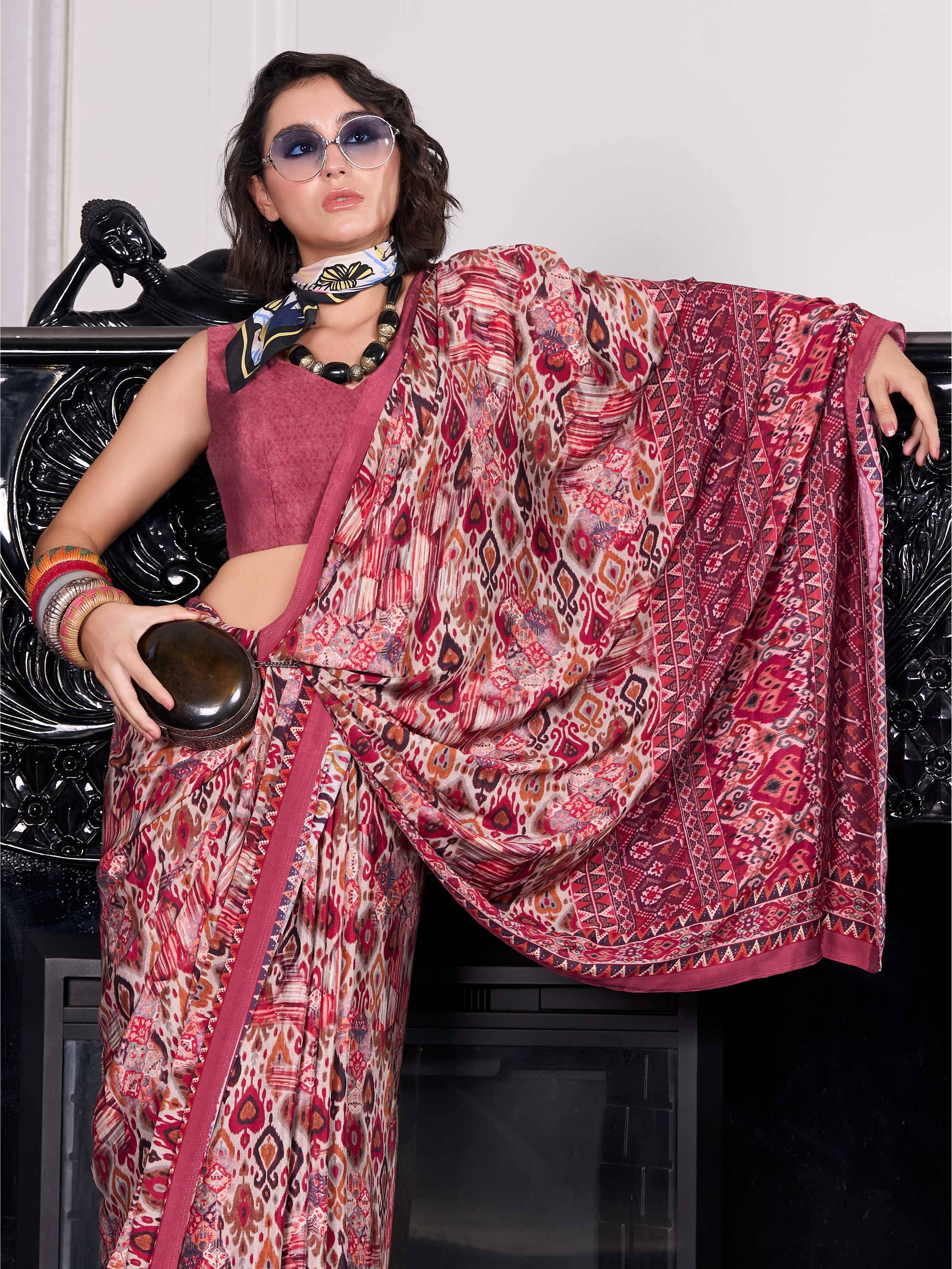 Crepe Artistic Motif Maroon Red Saree