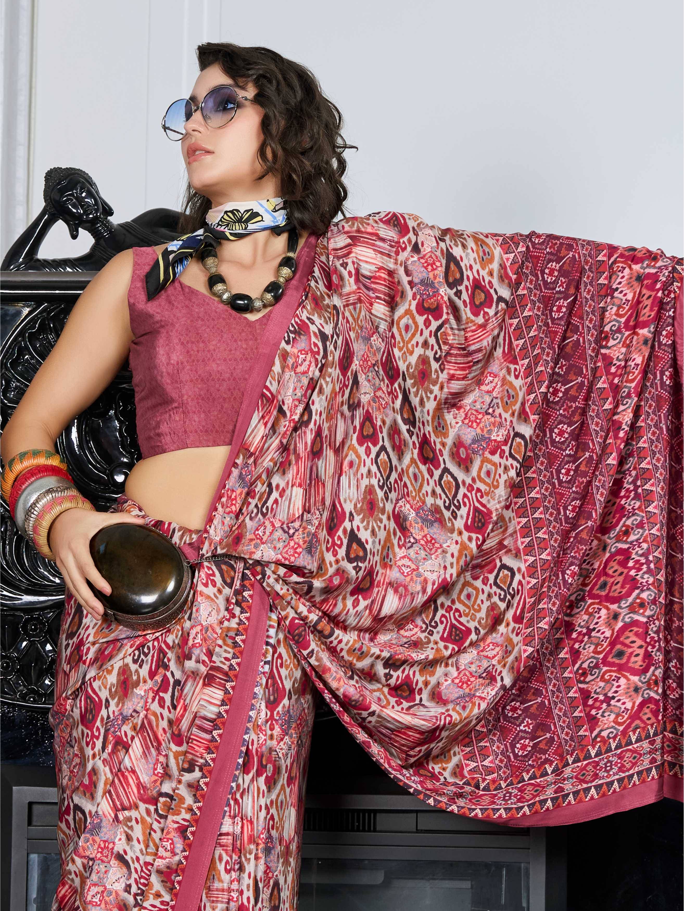 Crepe Artistic Motif Maroon Red Saree