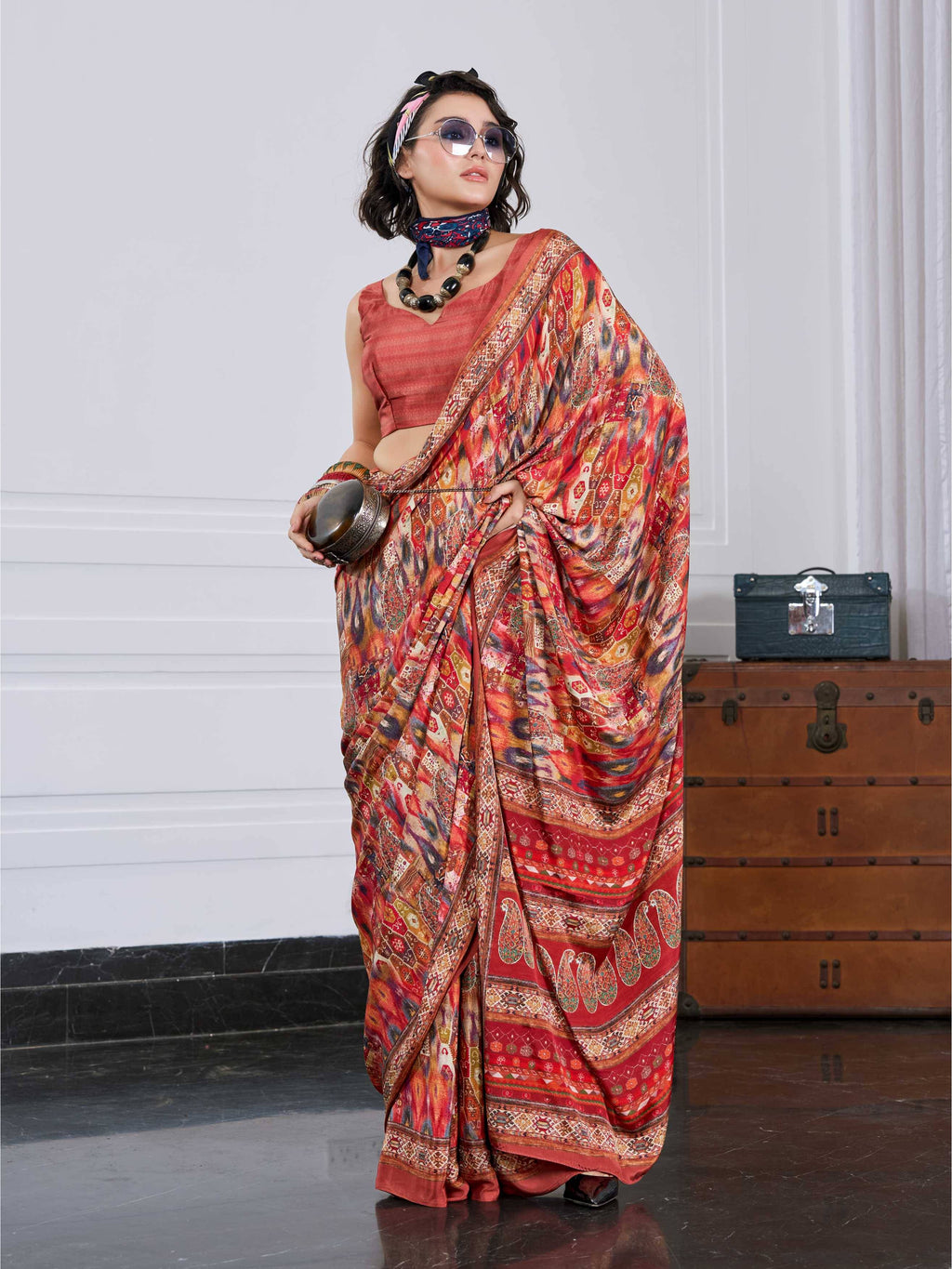 Burnt Orange Artistic Motif Crepe Silk Saree