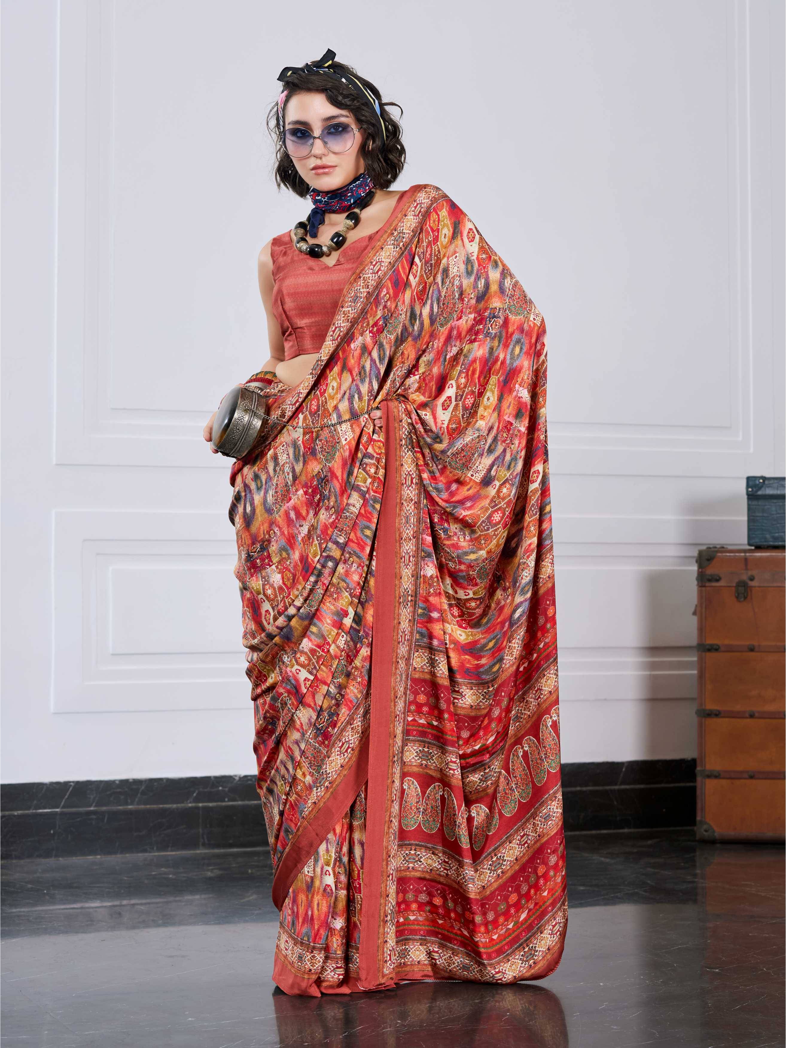 Crepe Artistic Motif Burnt Orange Saree