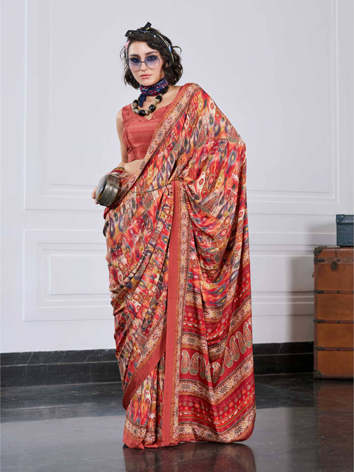 Crepe Artistic Motif Burnt Orange Saree