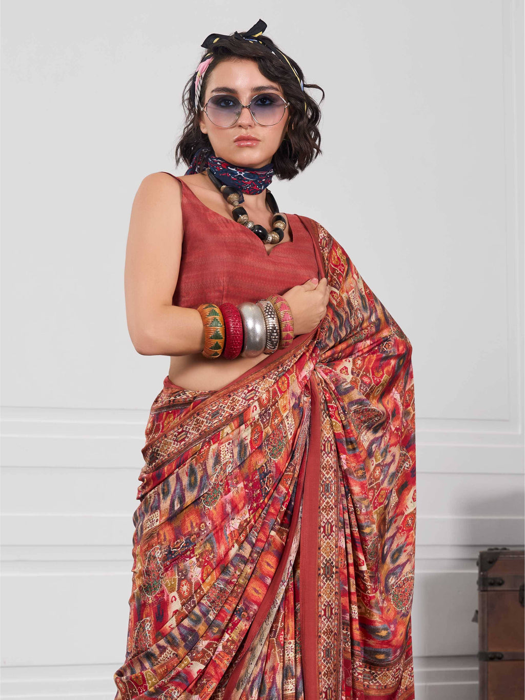 Burnt Orange Artistic Motif Crepe Silk Saree