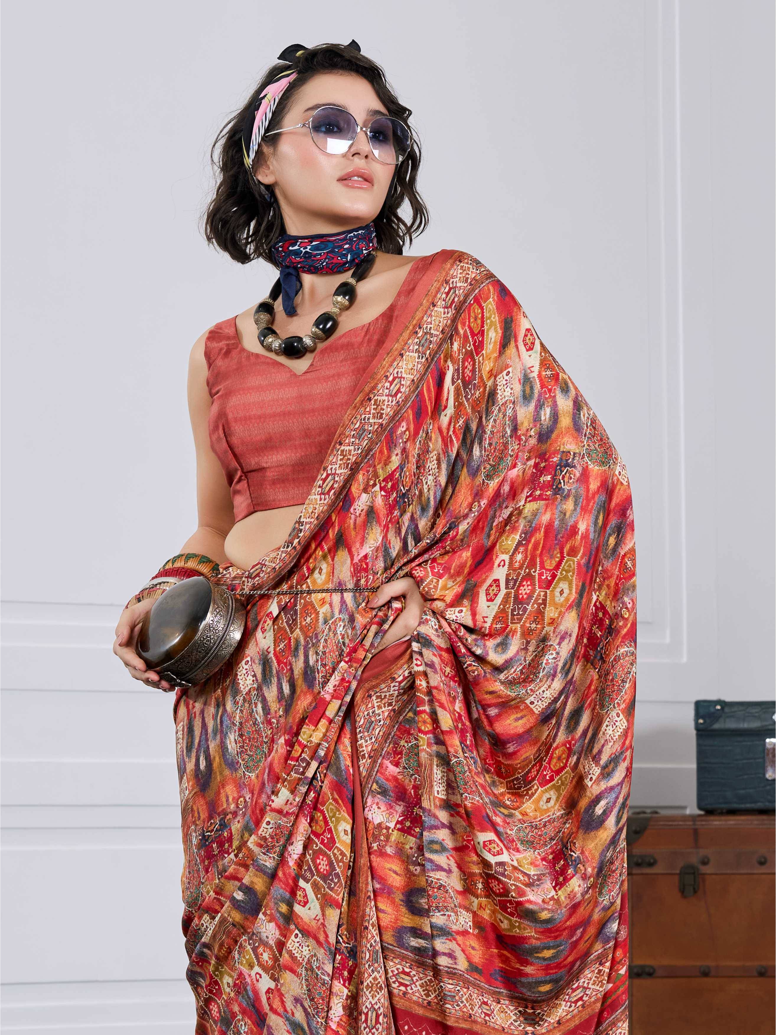 Crepe Artistic Motif Burnt Orange Saree