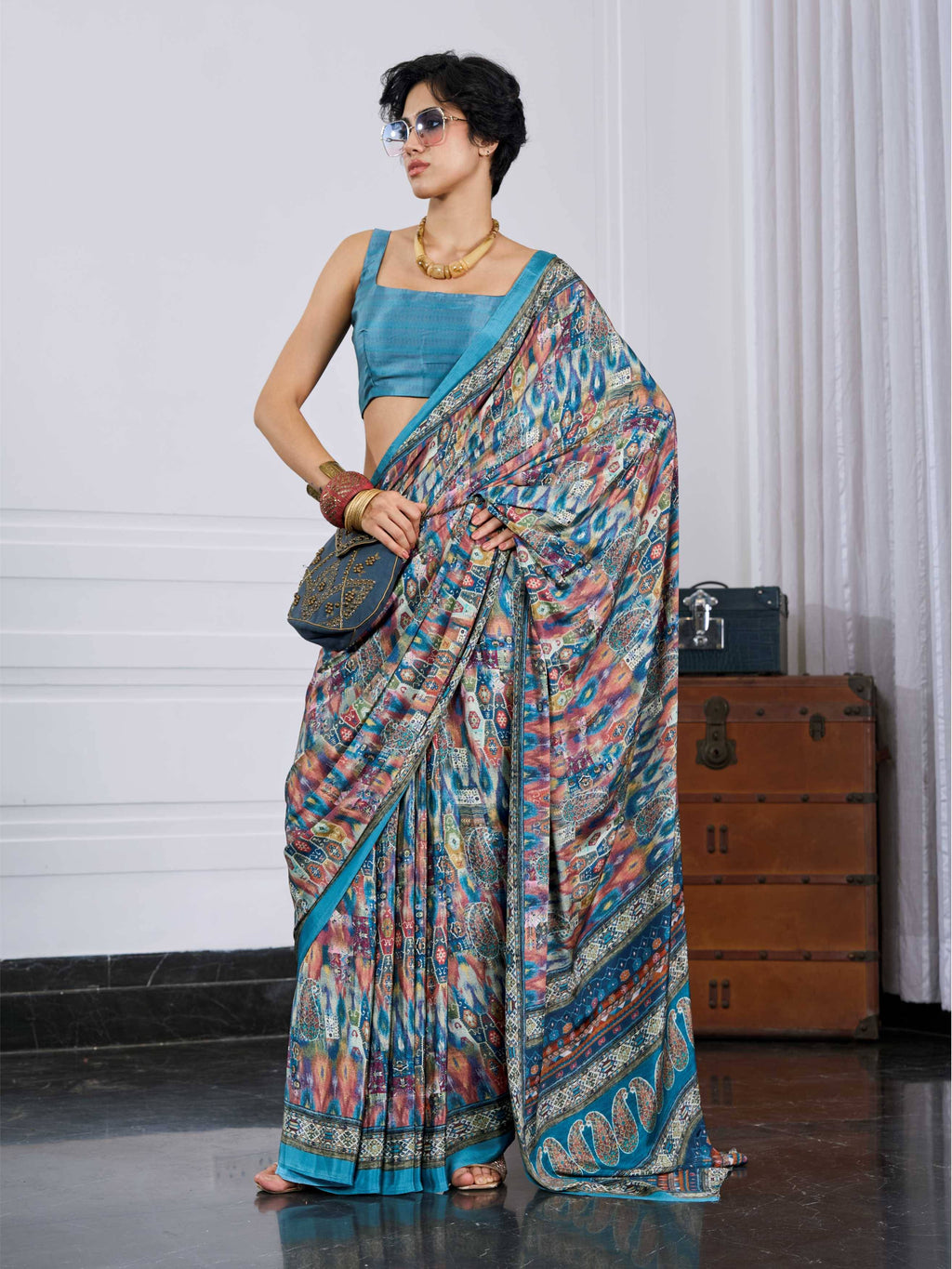 Multicolor Blue Artistic Motif Crepe Silk Saree