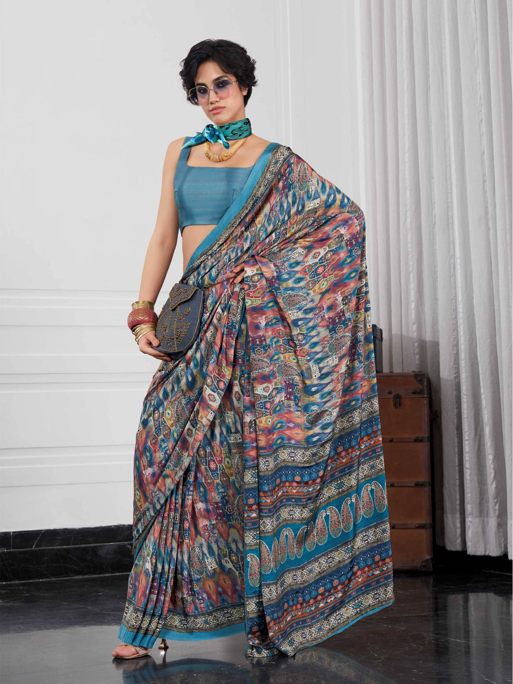 Multicolor Blue Artistic Motif Crepe Silk Saree