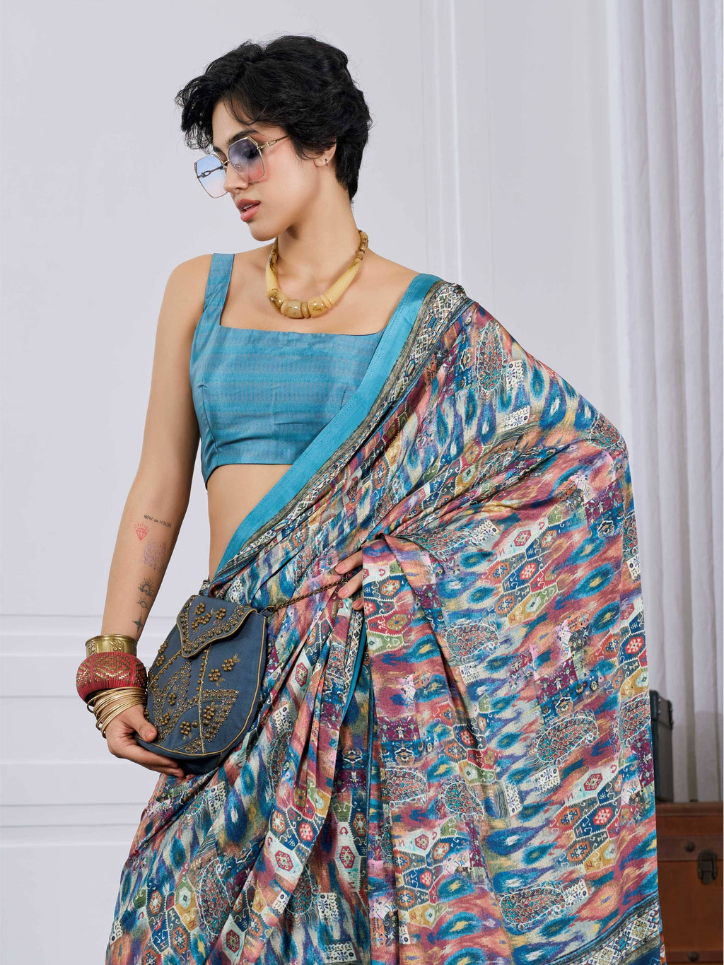 Multicolor Blue Artistic Motif Crepe Silk Saree