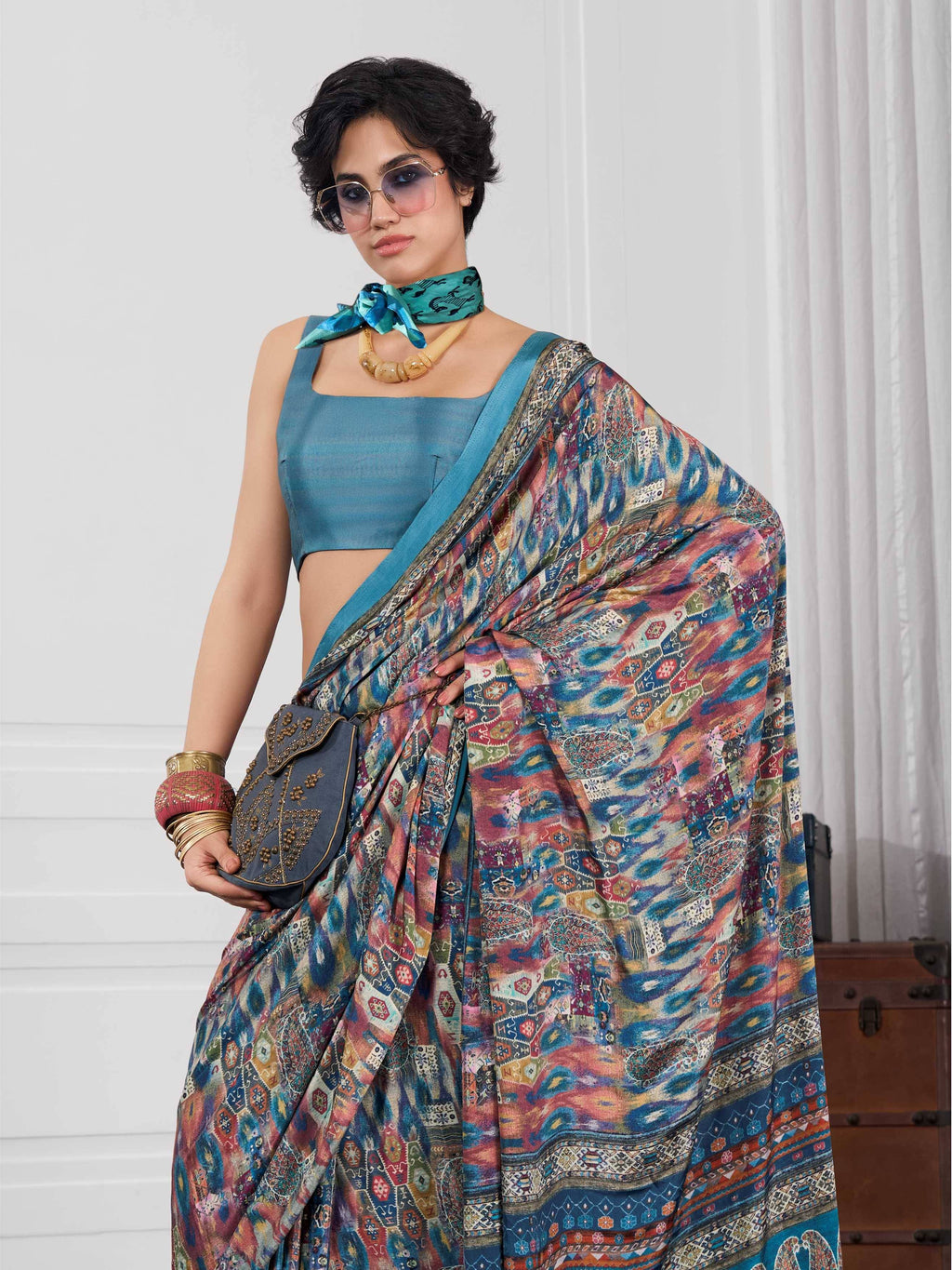 Multicolor Blue Artistic Motif Crepe Silk Saree